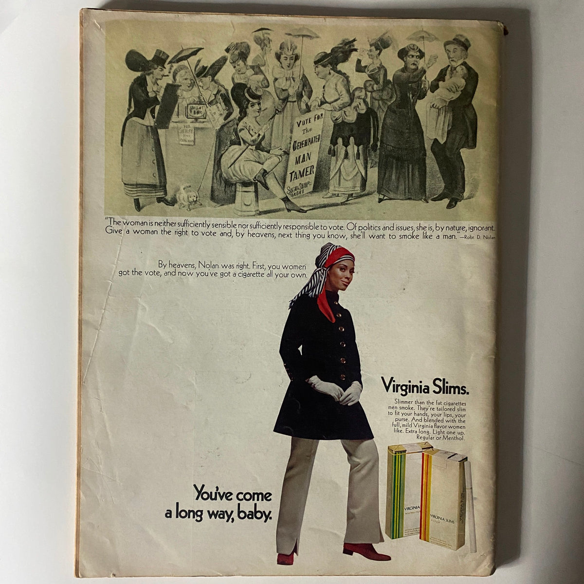 Back cover of VTG Ebony Magazine from June 1969 featuring a vintage advertisement for Virginia Slims cigarettes, including illustrations and text about women's rights and societal roles.