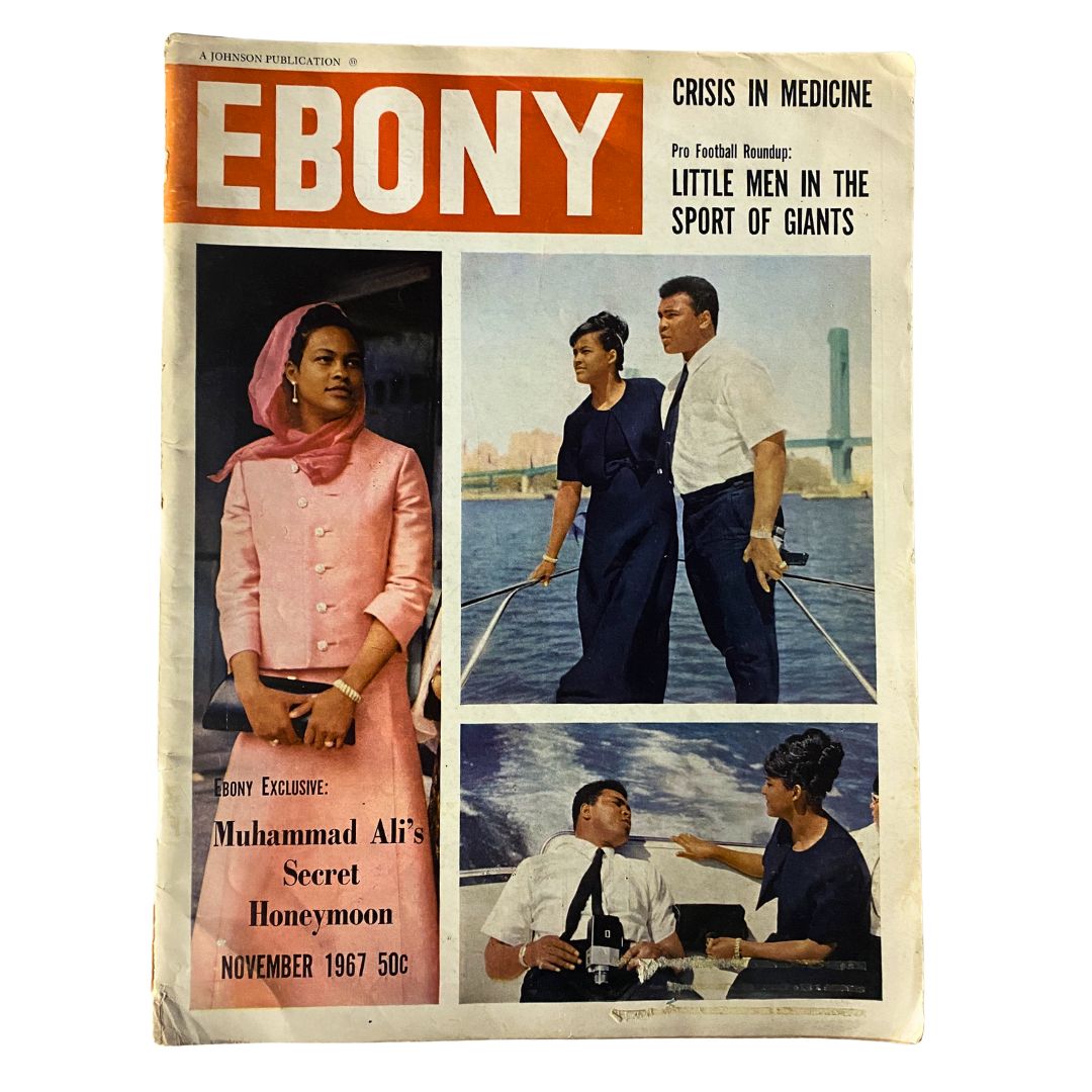 Cover of VTG Ebony Magazine November 1967 Vol 23 No. 1 featuring iconic images including Muhammad Ali's Secret Honeymoon and cultural snapshots of the 1960s.