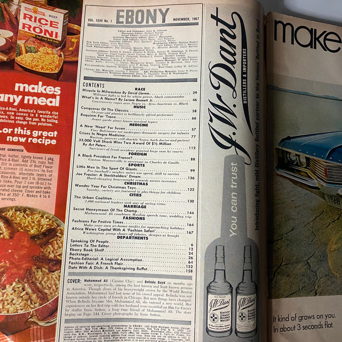 Contents page of VTG Ebony Magazine November 1967 detailing articles including Muhammad Ali's Secret Honeymoon and various cultural topics.
