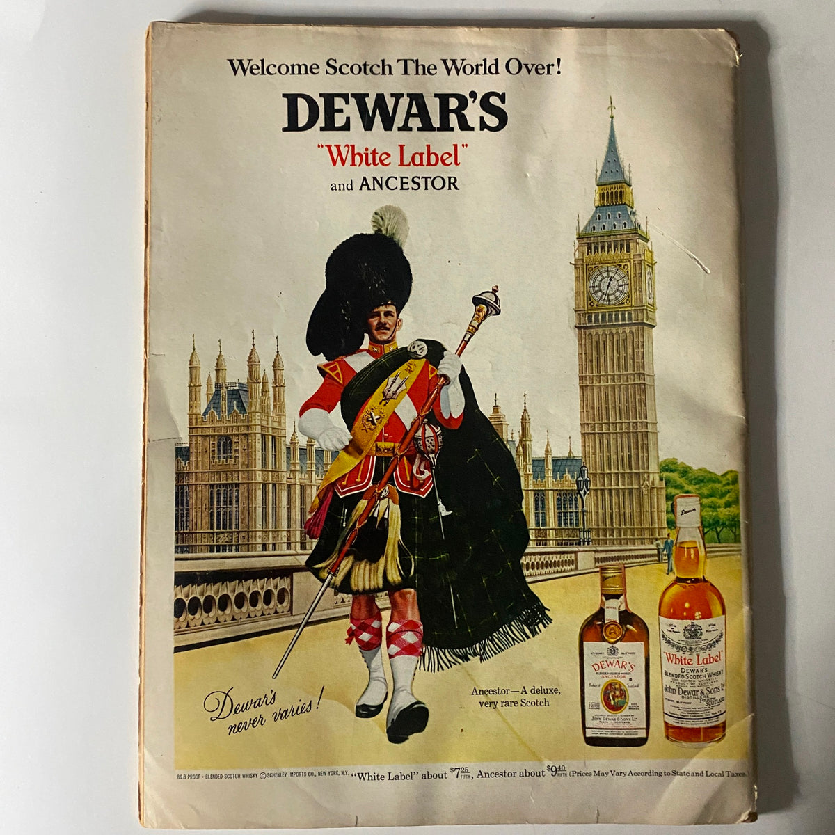 Advertisement page from VTG Ebony Magazine November 1967 featuring Dewar's Scotch with an illustration of a Scottish soldier in front of Big Ben.