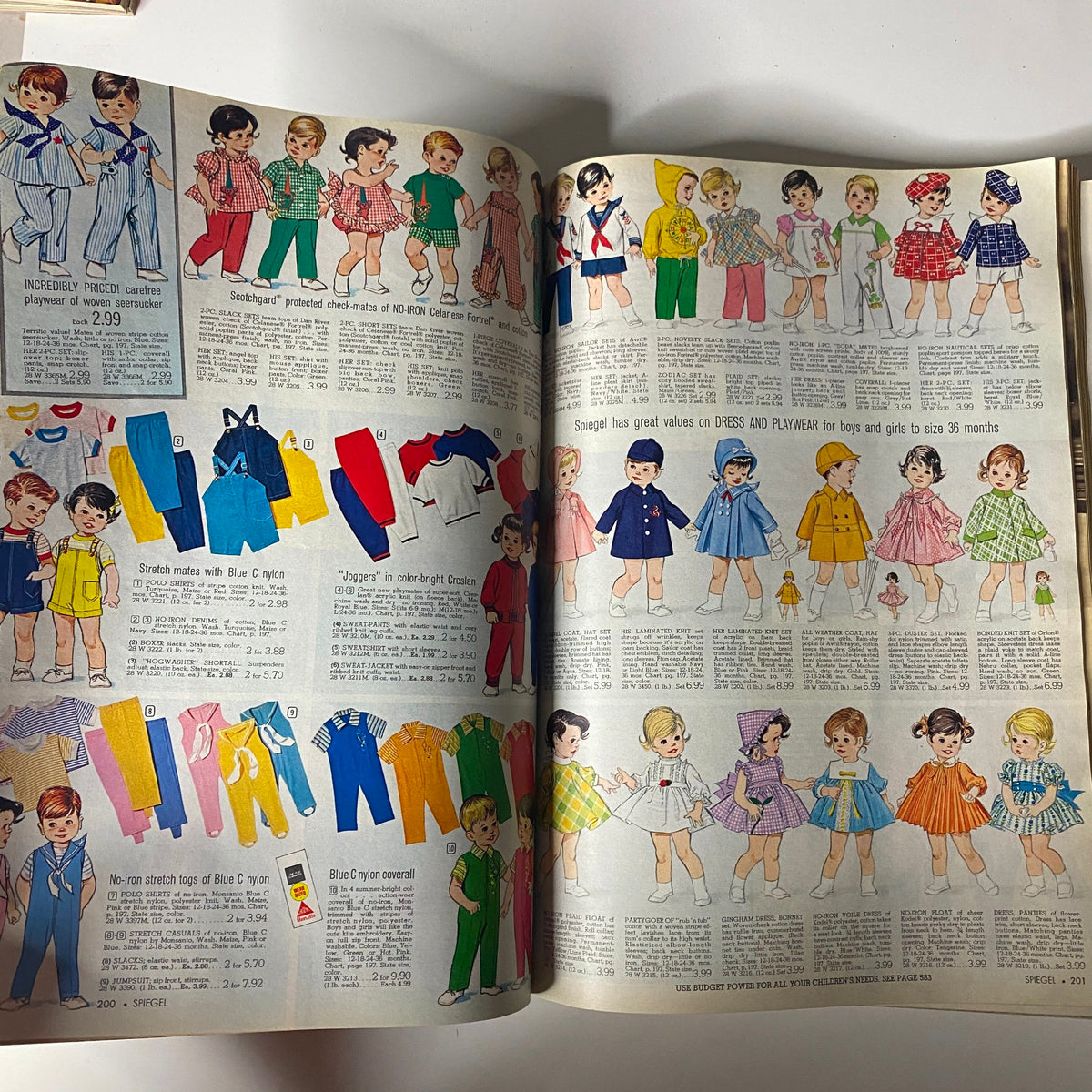 1969 Spiegel Spring and Summer Catalog showcasing children's clothing on the 'Boys and Girls' page, illustrating playful outfits and patterns for young children, reflecting family fashion styles of the late 1960s.