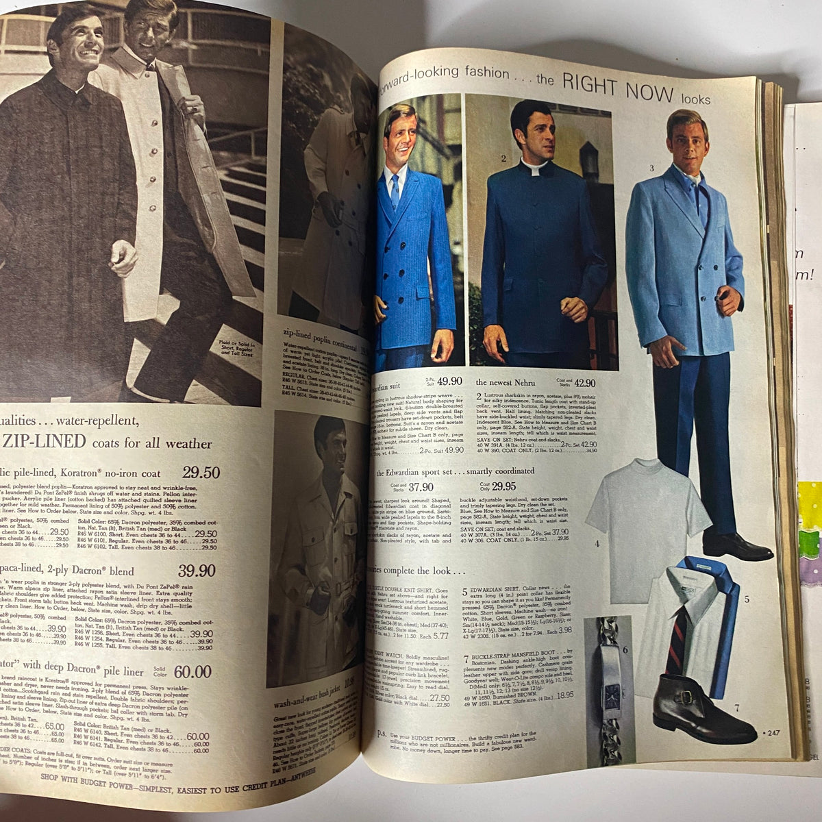 1969 Spiegel Spring and Summer Catalog featuring a stylish page of men's fashion, including tailored suits and outerwear options, representing the contemporary men's clothing styles of the late 1960s.