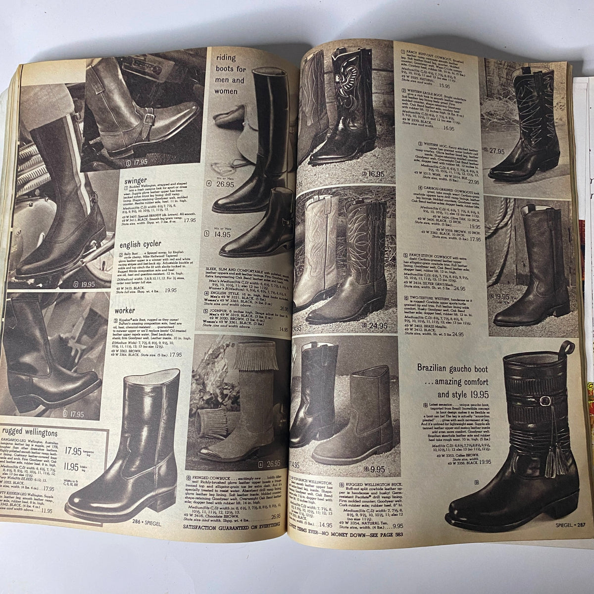 1969 Spiegel Spring and Summer Catalog displaying various stylish boots for men and women, including rugged and fashionable designs with pricing information.