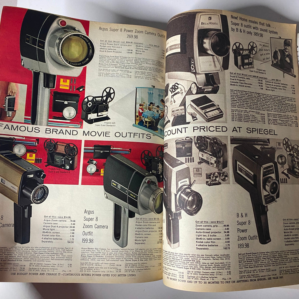 1969 Spiegel Spring and Summer Catalog exhibiting a selection of cameras and filming equipment, emphasizing popular brands and affordable pricing.