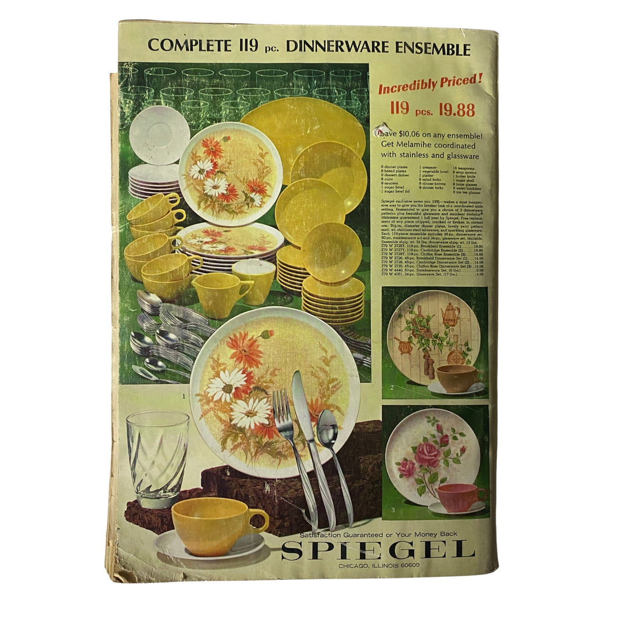 Complete 119-piece dinnerware ensemble from the 1969 Spiegel Spring and Summer Catalog, featuring floral designs and accompanied by stainless and glassware. Ideal for collectors of vintage homeware and mid-century dining aesthetics.