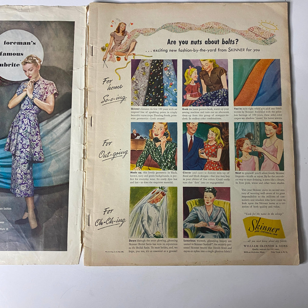 Interior page of the 1948 McCall Styles Spring Pattern Book Catalog displaying various fabric advertisements, highlighting colorful fabrics for sewing such as floral patterns and vibrant colors.