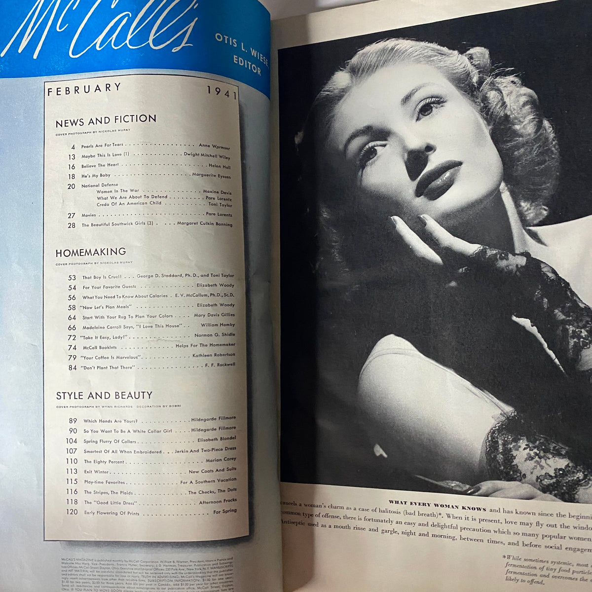 Cover page of McCall's Three Magazine in One, February 1941, featuring a glamorous portrait of a woman and article sections on News and Fiction, Homemaking, and Style and Beauty.