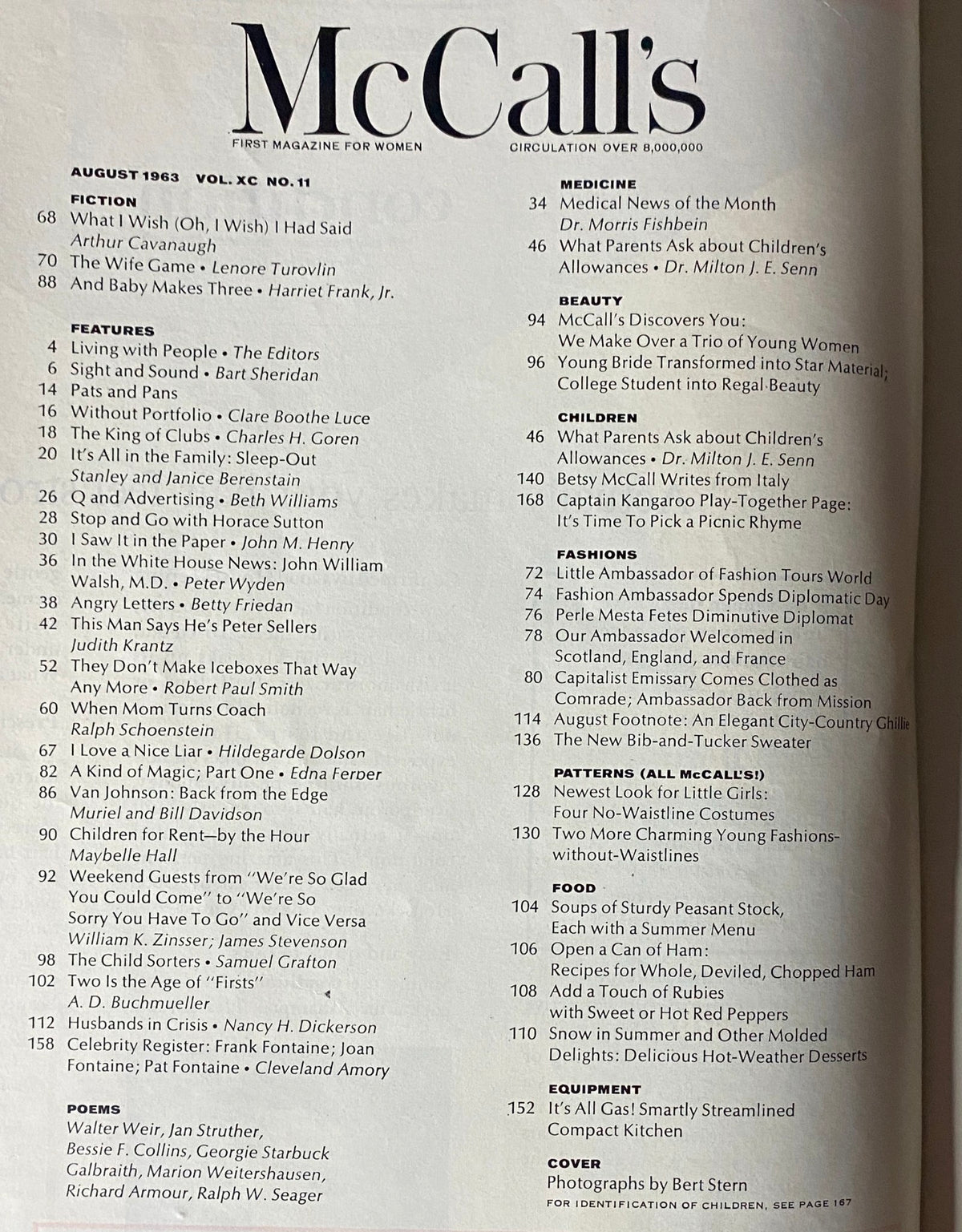 Table of contents from McCall's Magazine August 1963 including features, fiction, and articles related to children, beauty, and parenting.