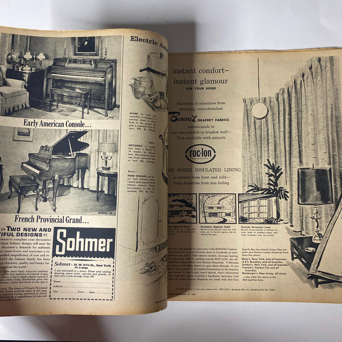 The New York Times Magazine September 29, 1963 featuring a Sohmer piano advertisement alongside Bonnie Drapery Fabrics, highlighting mid-century decor styles and appliances.