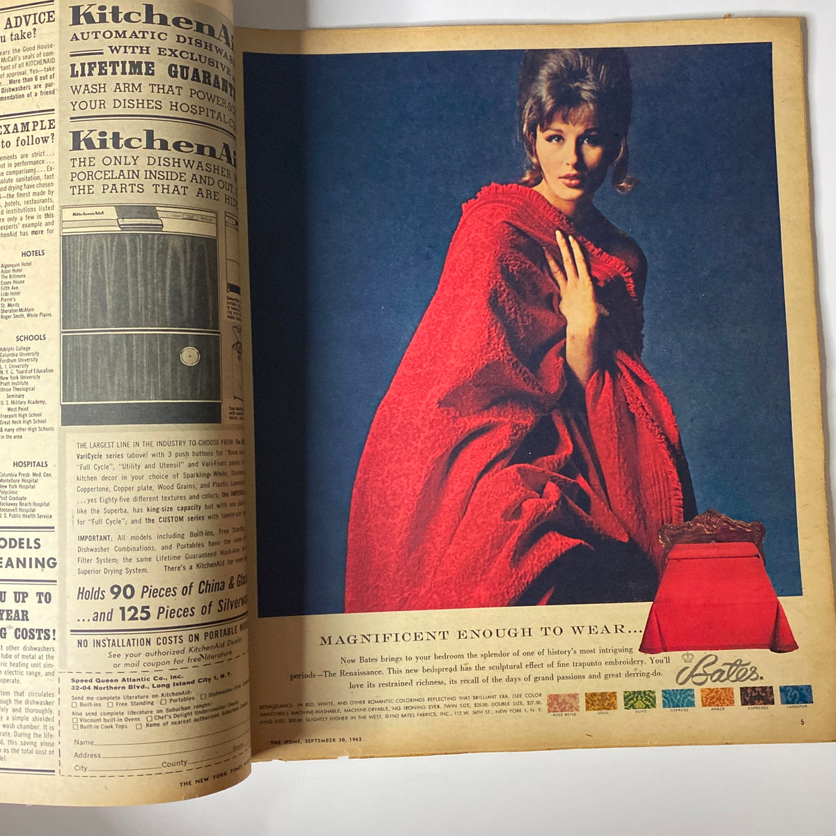 Inside page of The New York Times Magazine September 30, 1962, displaying a fashionable model draped in a striking red garment, complementing the magazine's theme 'The Home: A Personal View' showcasing style and design.