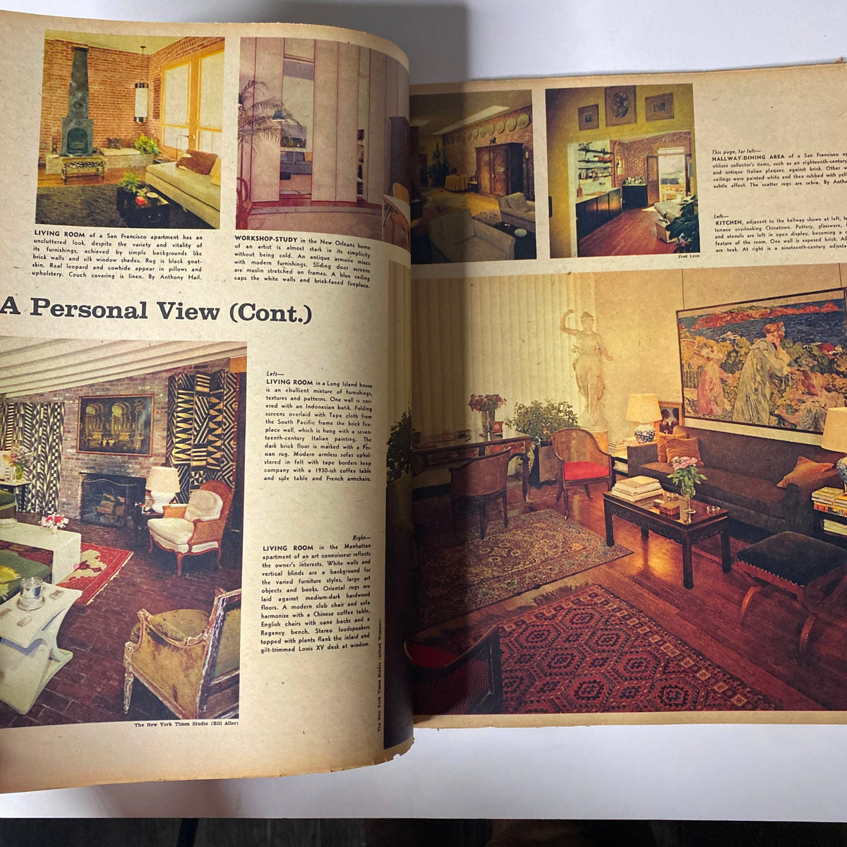 A layout from The New York Times Magazine September 30, 1962, showcasing various living room styles and interior designs, featuring sections labeled ‘Living Room’ and ‘Workshop-Study’ highlighting American home aesthetics.