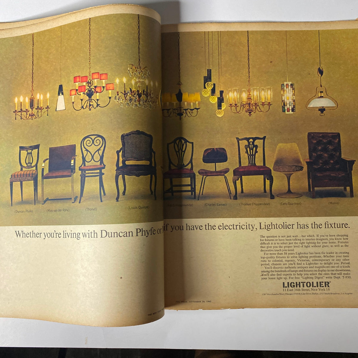 An advertisement in The New York Times Magazine September 30, 1962, displaying an array of decorative chairs and lighting fixtures by Lightolier, underscoring the blend of style and functionality in home living.