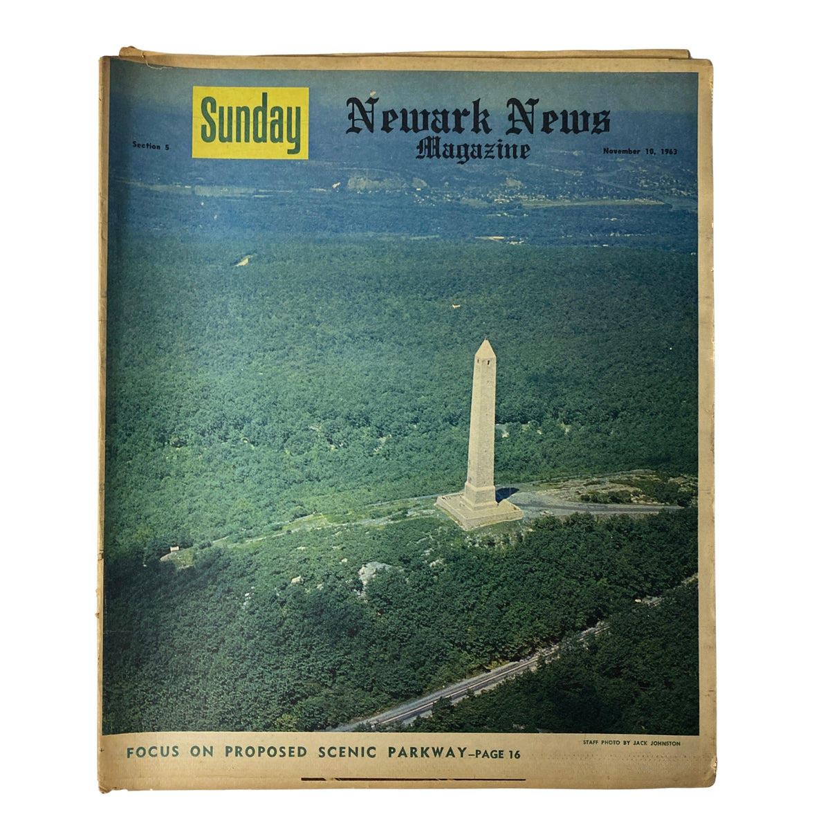 Cover of Sunday Newark News Magazine from November 10, 1963, featuring a scenic view and an obelisk, focusing on the proposed scenic parkway.