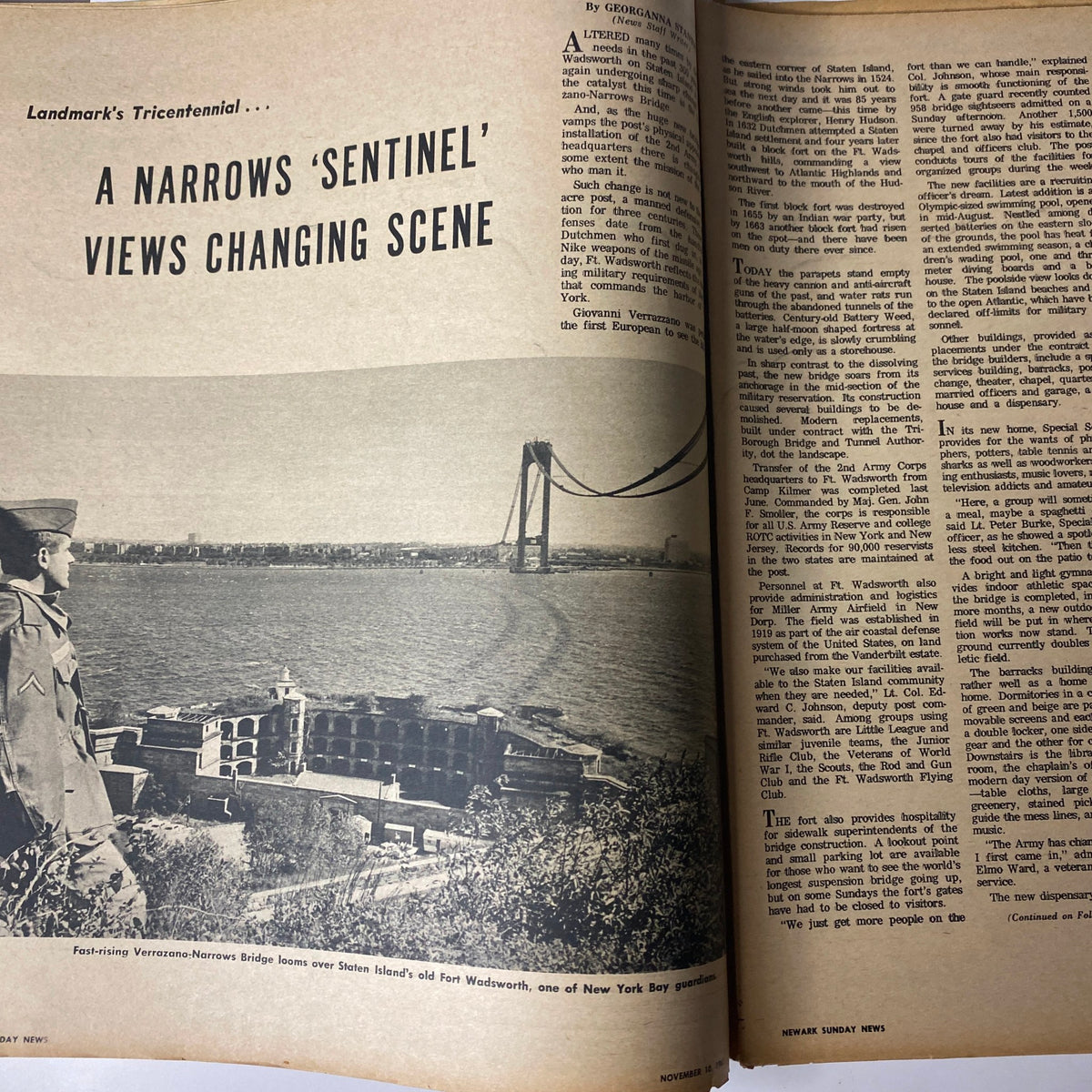 Article page from Sunday Newark News Magazine, November 10, 1963, discussing the Narrows Sentinel and the changing skyline of New York.