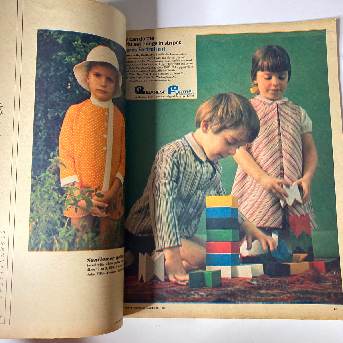 March 12, 1967 The New York Times Magazine displaying children in colorful outfits, engaging in playful activities, illustrating modern children's fashion.