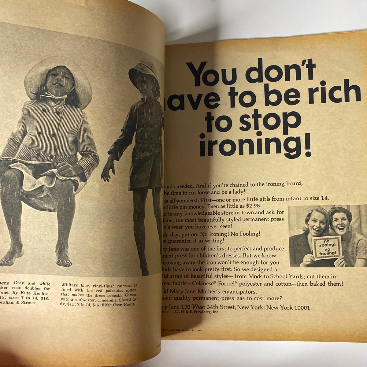 Advertisement page from The New York Times Magazine March 13, 1966 emphasizing the convenience of permanent press clothing for girls, featuring a young model wearing a fashionable outfit and the bold text 'You don't have to be rich to stop ironing!'.