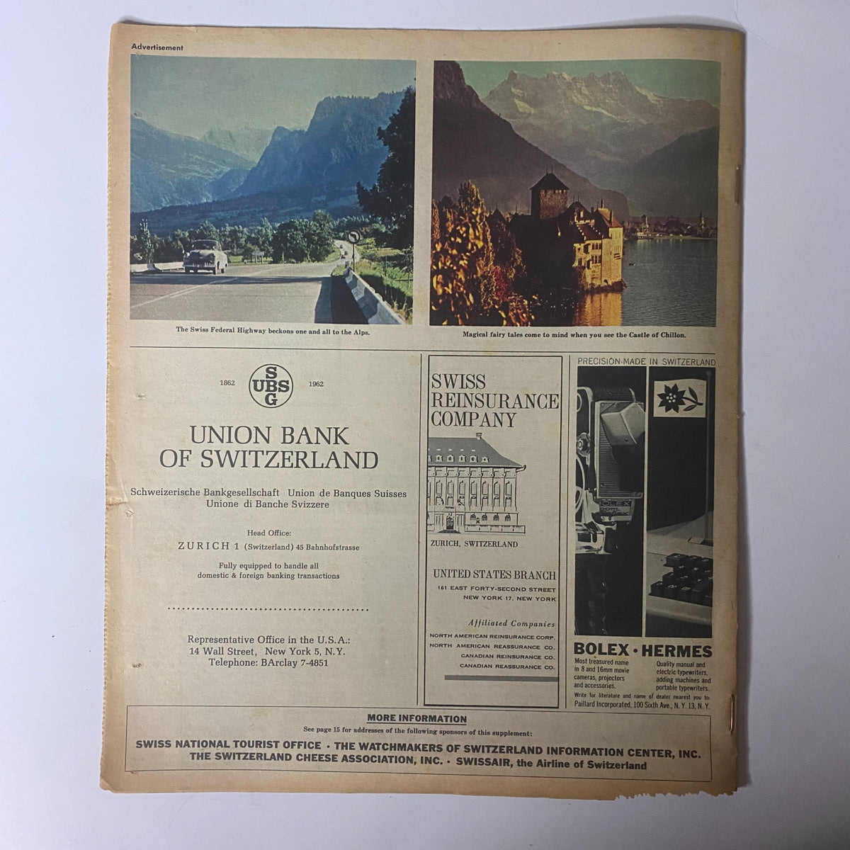 Advertisement featured in The New York Times Magazine September 16, 1962, highlighting scenic views of Switzerland and promoting the Union Bank of Switzerland, showcasing the nation's picturesque landscape and investment opportunities.