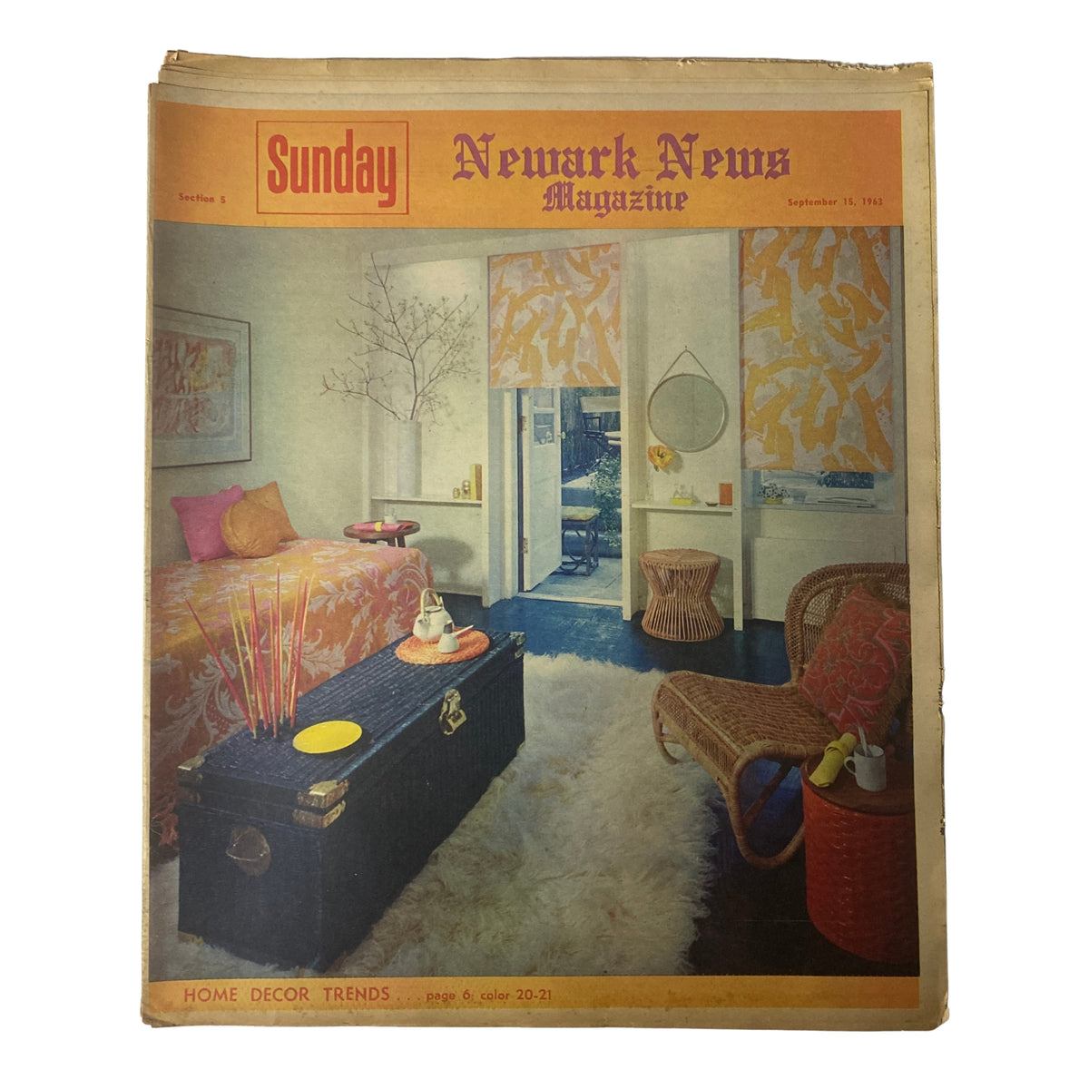 Cover of Sunday Newark News Magazine from September 15, 1963, featuring home decor trends, showcasing a colorful room with mid-century design elements.