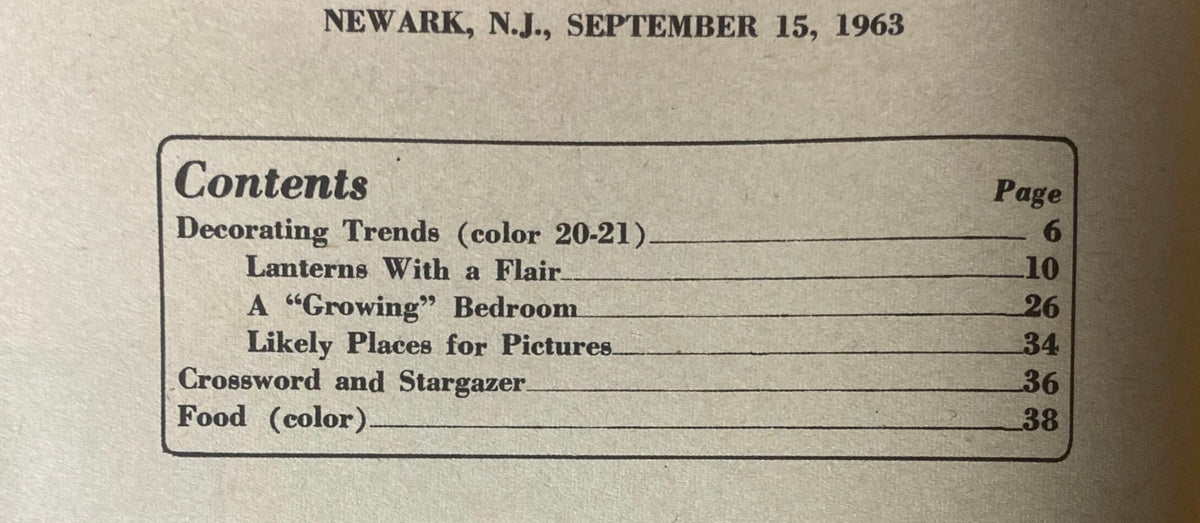 Table of contents from Sunday Newark News Magazine, September 15, 1963, listing articles on decorating trends, lanterns, bedroom designs, and more.