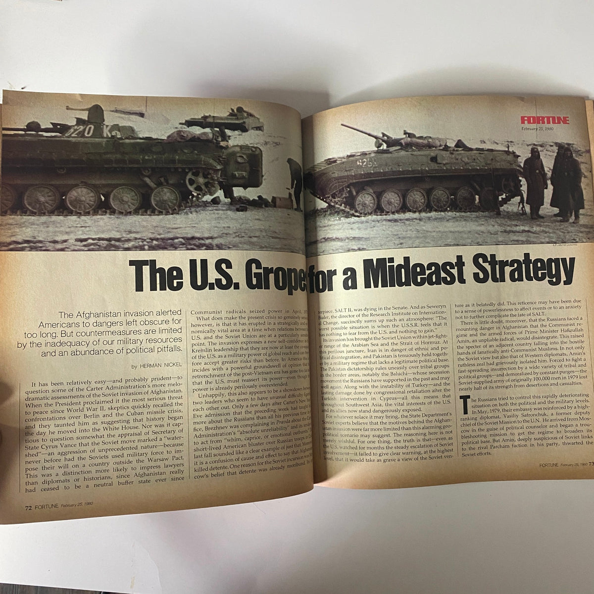 Article page from Fortune Magazine, February 25, 1980, titled 'The U.S. Gropes for a Mideast Strategy,' discussing America's strategic responses to geopolitical developments.