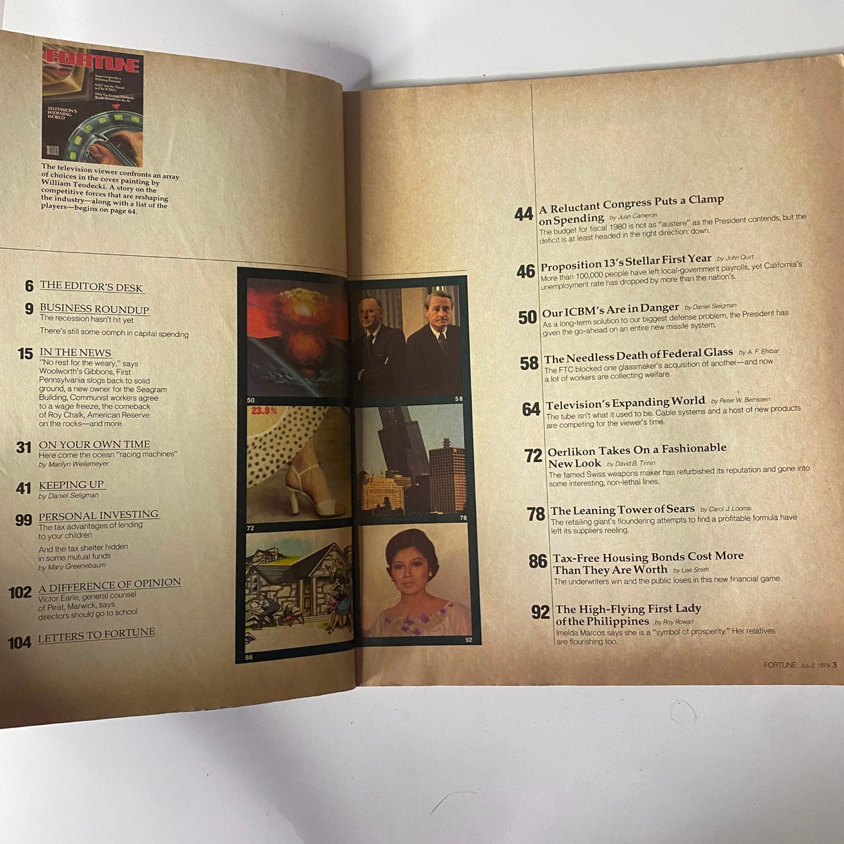 Inside page of Fortune Magazine July 2, 1979 displaying the table of contents, showcasing articles on U.S. economic policy and more.