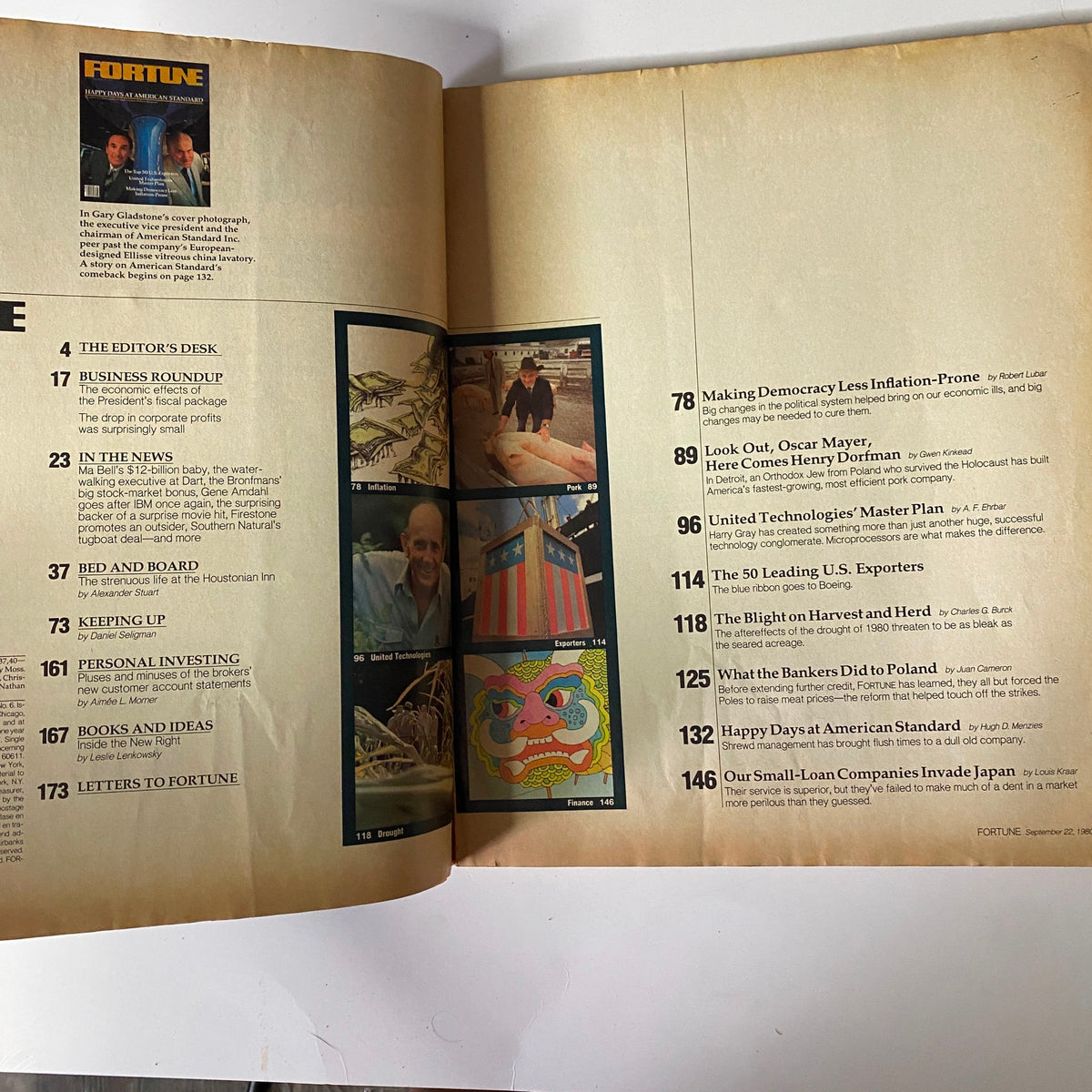 Inside page of Fortune Magazine September 22, 1980, showcasing article titles including 'Making Democracy Less Inflation-Prone' and 'Look Out, Oscar Mayer' alongside visuals.
