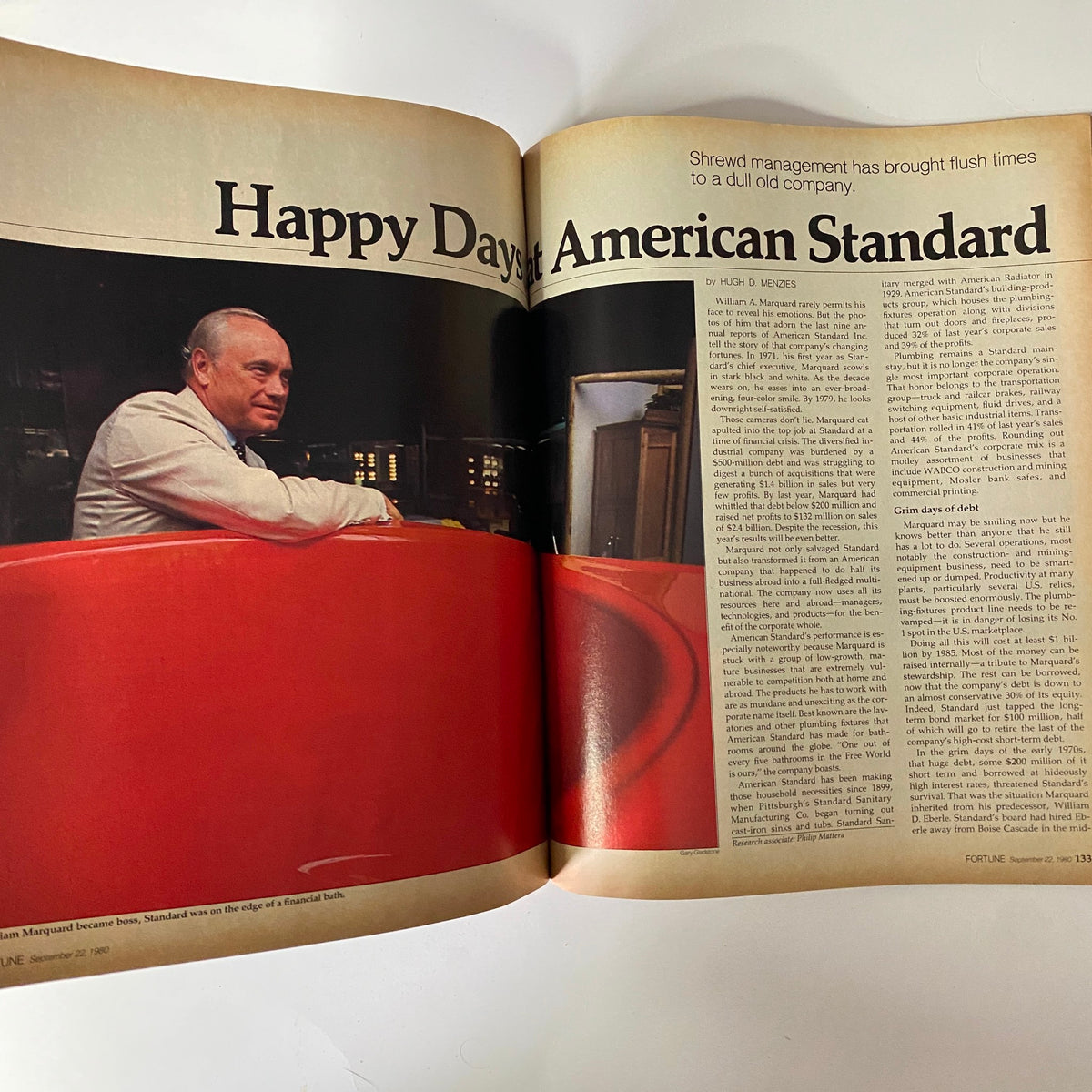 Article spread from Fortune Magazine September 22, 1980, titled 'Happy Days at American Standard', discussing successful management strategies for the company.