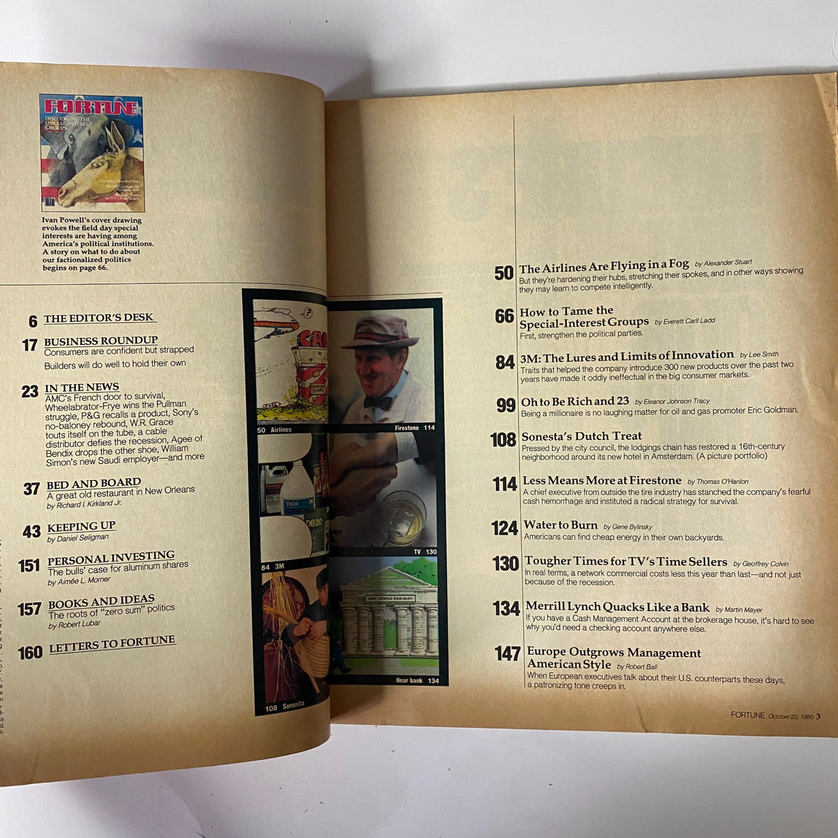 Inside page of Fortune Magazine, October 20, 1980, displaying the table of contents with highlighted articles including 'How to Tame the Special-Interest Groups' and 'The Airlines Are Flying in a Fog'.