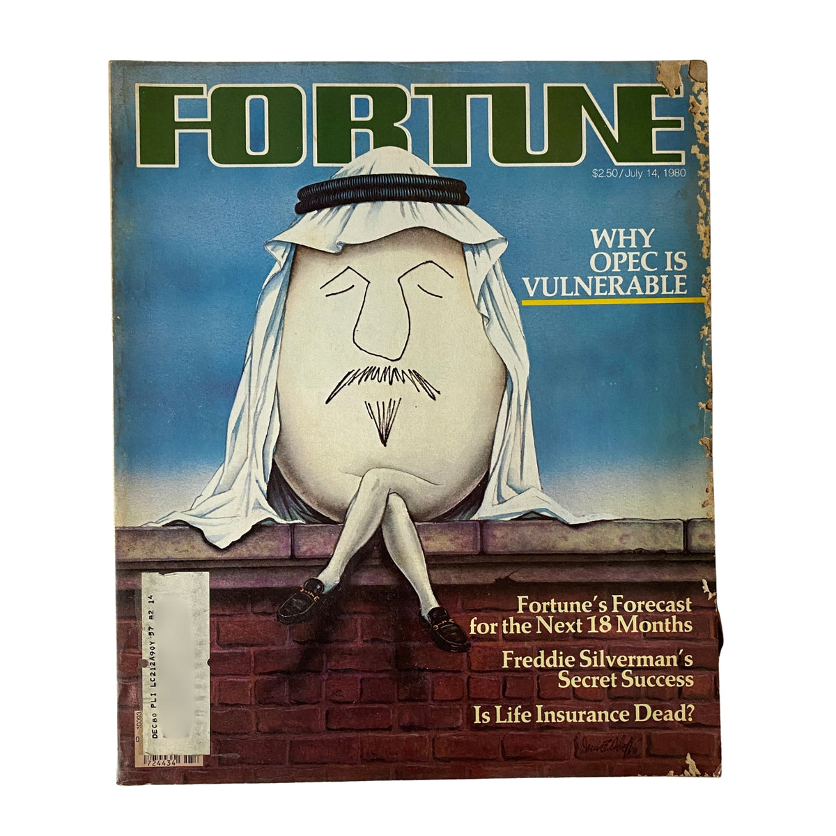 Fortune Magazine July 14, 1980 cover featuring the iconic Nonchalant Humpty Dumpty art, showcasing topics like OPEC vulnerability, financial forecasts, and electric vehicle innovation.