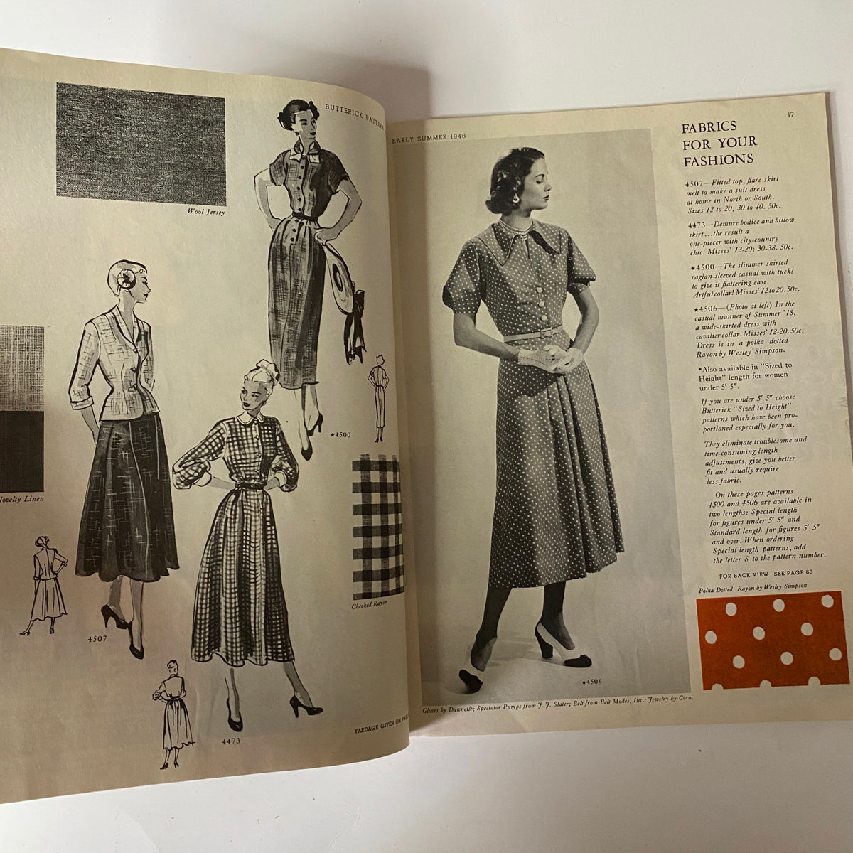 1948 Butterick Spring and Summer Pattern Book Catalog showcasing various skirt styles and fabrics for women's fashion, featuring sketches of dresses and coats tailored for the season.