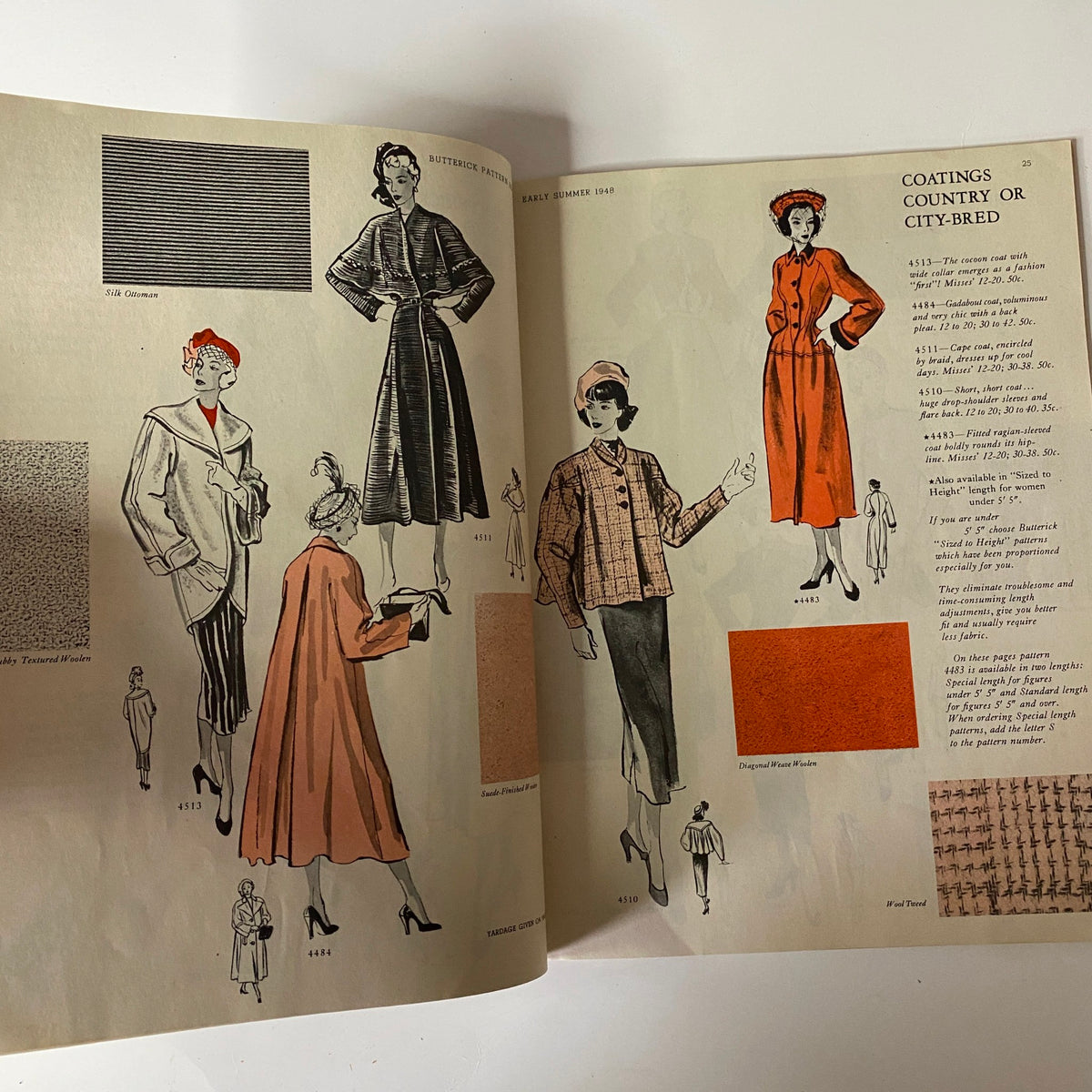 1948 Butterick Spring and Summer Pattern Book Catalog displaying fashionable outerwear styles for women, including illustrations of coats and accessories in vibrant colors.