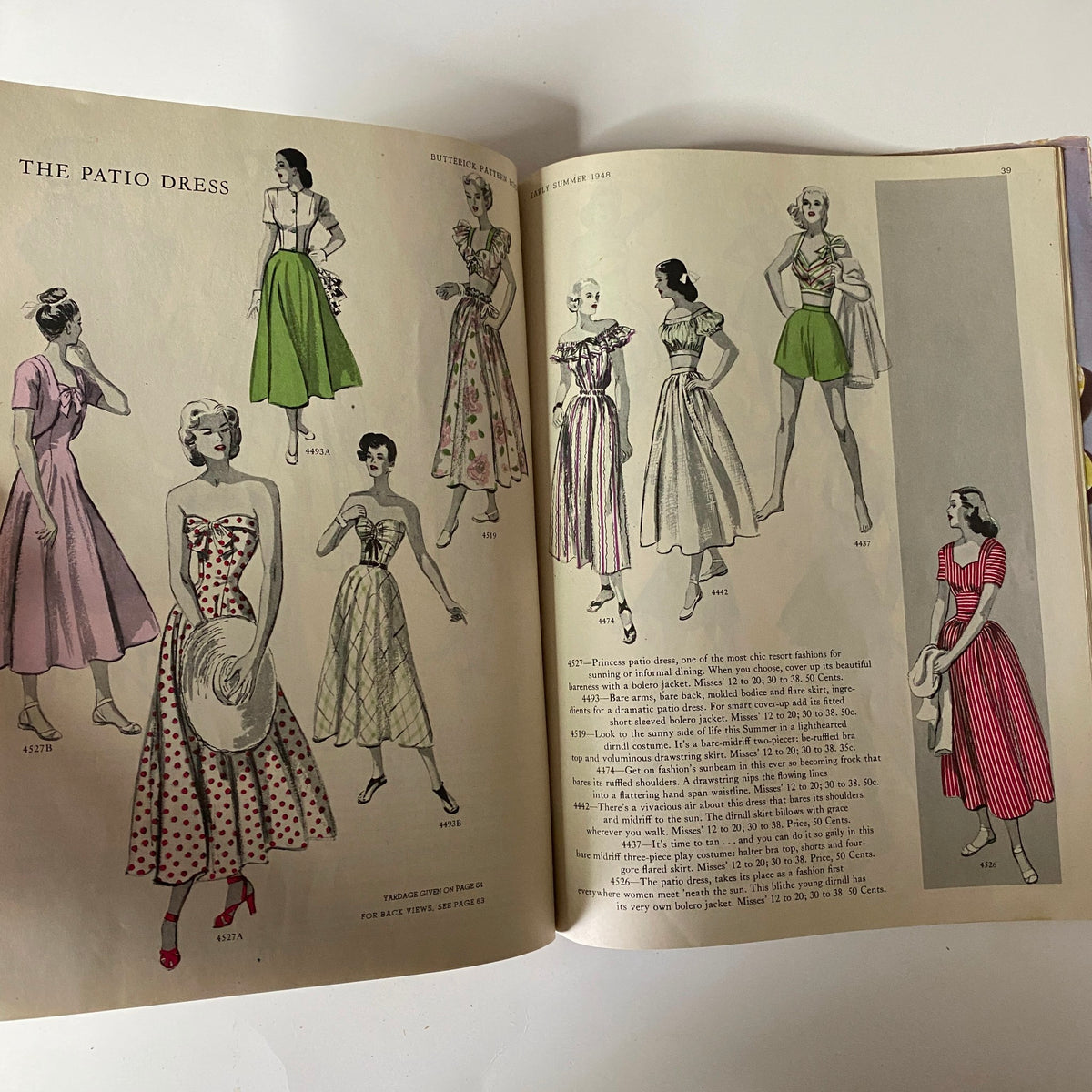 1948 Butterick Spring and Summer Pattern Book Catalog featuring designs for patio dresses, showcasing elegant summer styles with floral patterns and vibrant colors.