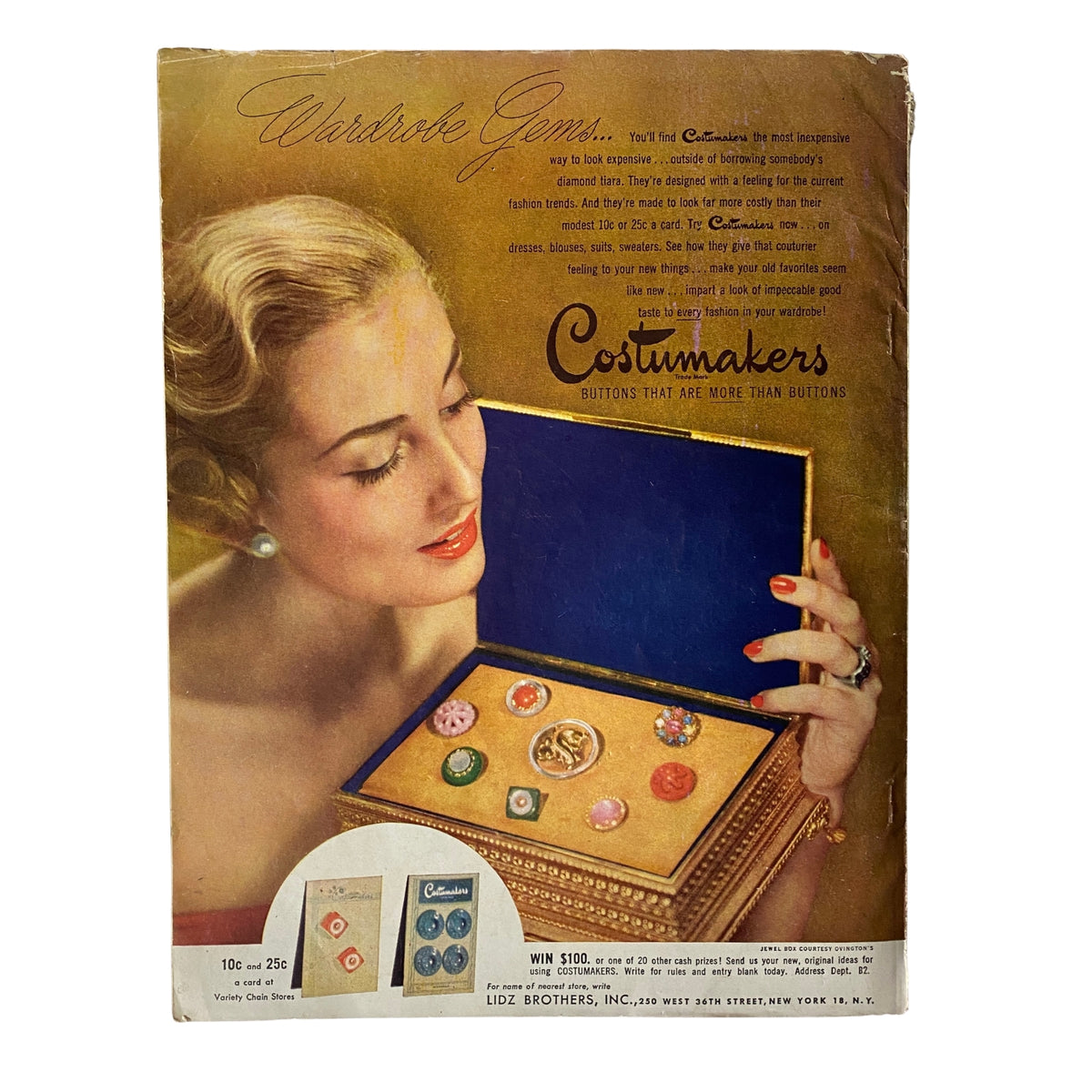 1948 Butterick Spring and Summer Pattern Book Catalog - Vintage sewing pattern advertisement featuring colorful buttons in ornate packaging, promoting Costumakers, emphasizing their use beyond just buttons, ideal for collectors and sewing enthusiasts.