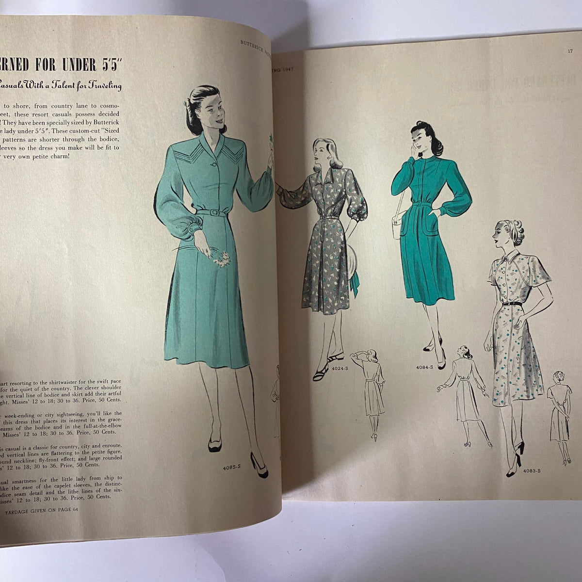 1947 Butterick Spring Pattern Book Catalog showcasing a variety of women's casual dresses designed for petite women under 5'5", featuring vibrant colors and stylish designs.