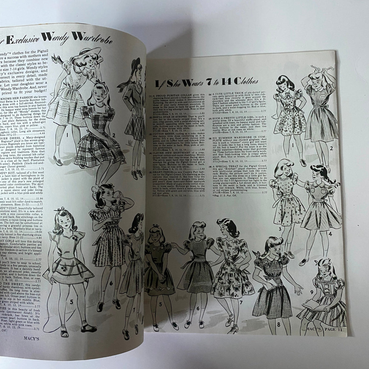 Illustrated pages from the 1942 Macy's Youth Centre Spring and Summer Catalog displaying girls' clothing styles, including dresses and accessories for ages 7 to 14, reflecting timeless fashion trends.
