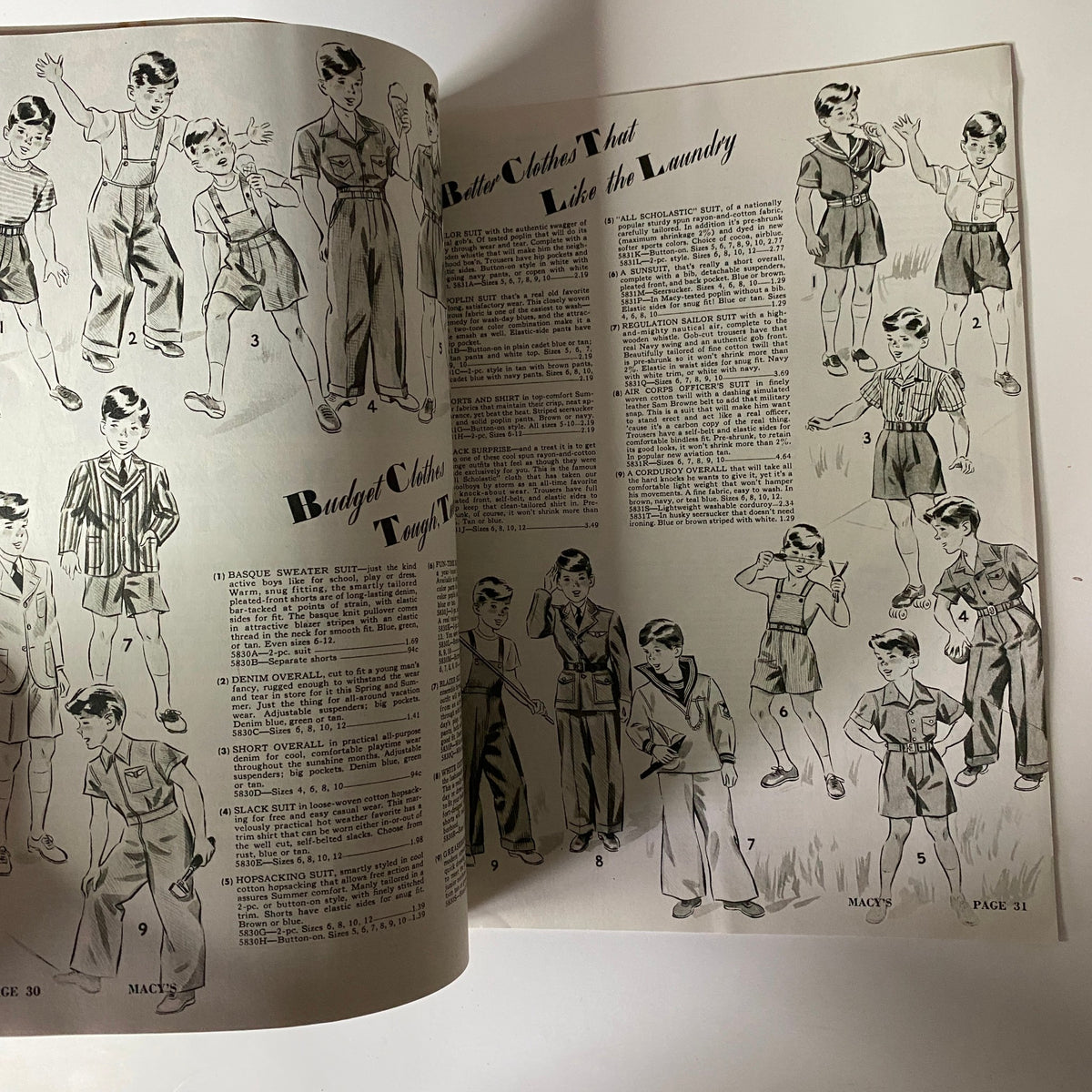 1942 Macy's Youth Centre Spring and Summer Catalog showcasing budget children's clothing designs including stylish outfits for boys and girls, highlighting the practicality and affordability during wartime.