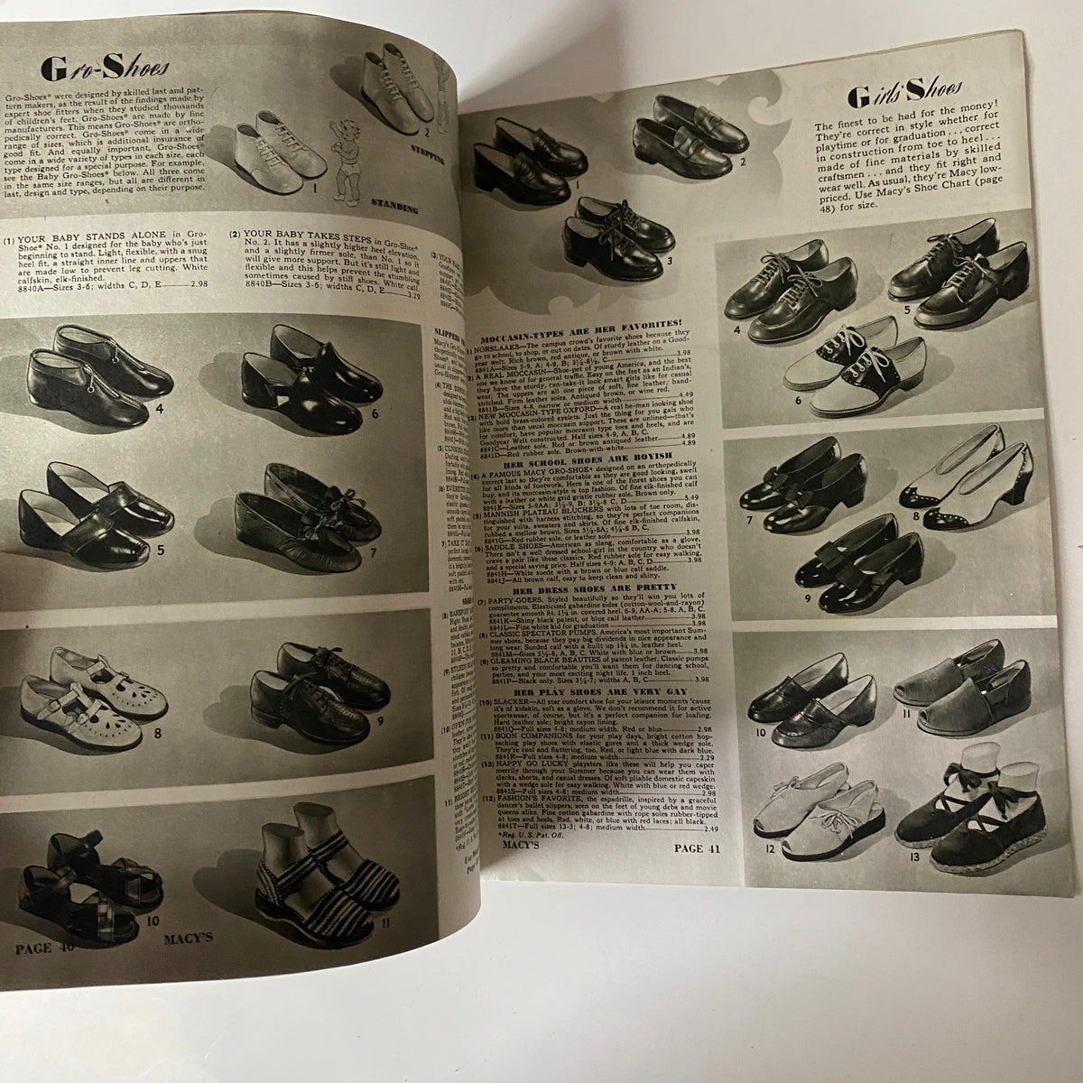 1942 Macy's Youth Centre Spring and Summer Catalog featuring an array of children's shoes for various ages, demonstrating the fashionable options available for kids in wartime America.