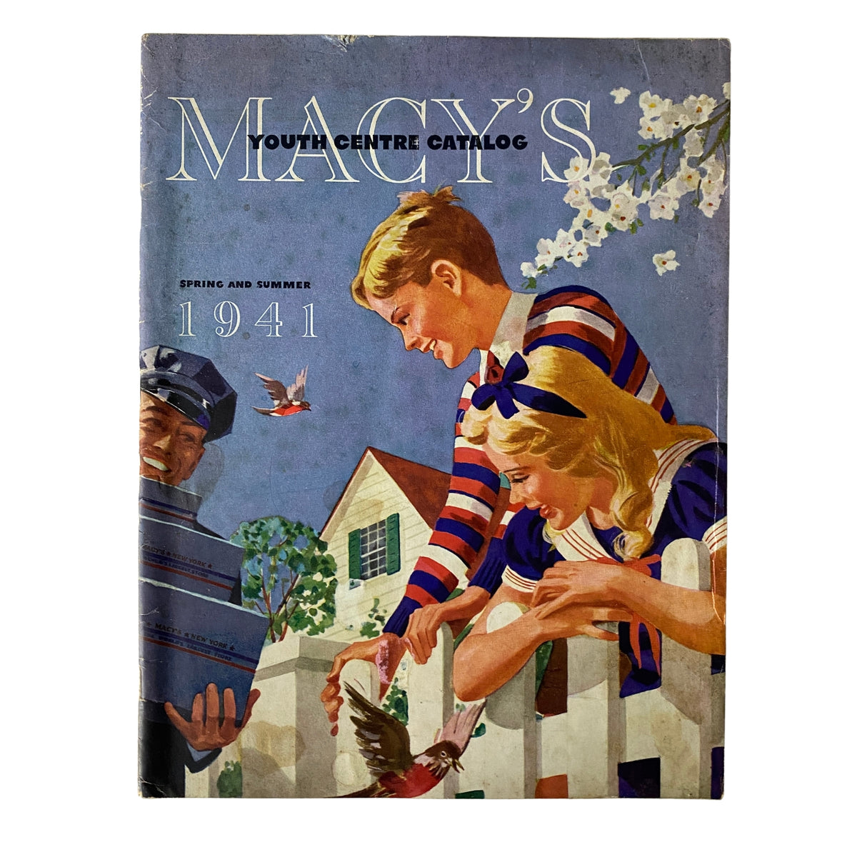 Cover of the 1941 Macy's Youth Centre Spring and Summer Catalog featuring a cheerful scene of children in stylish clothing, capturing the essence of 1940s family fashion.