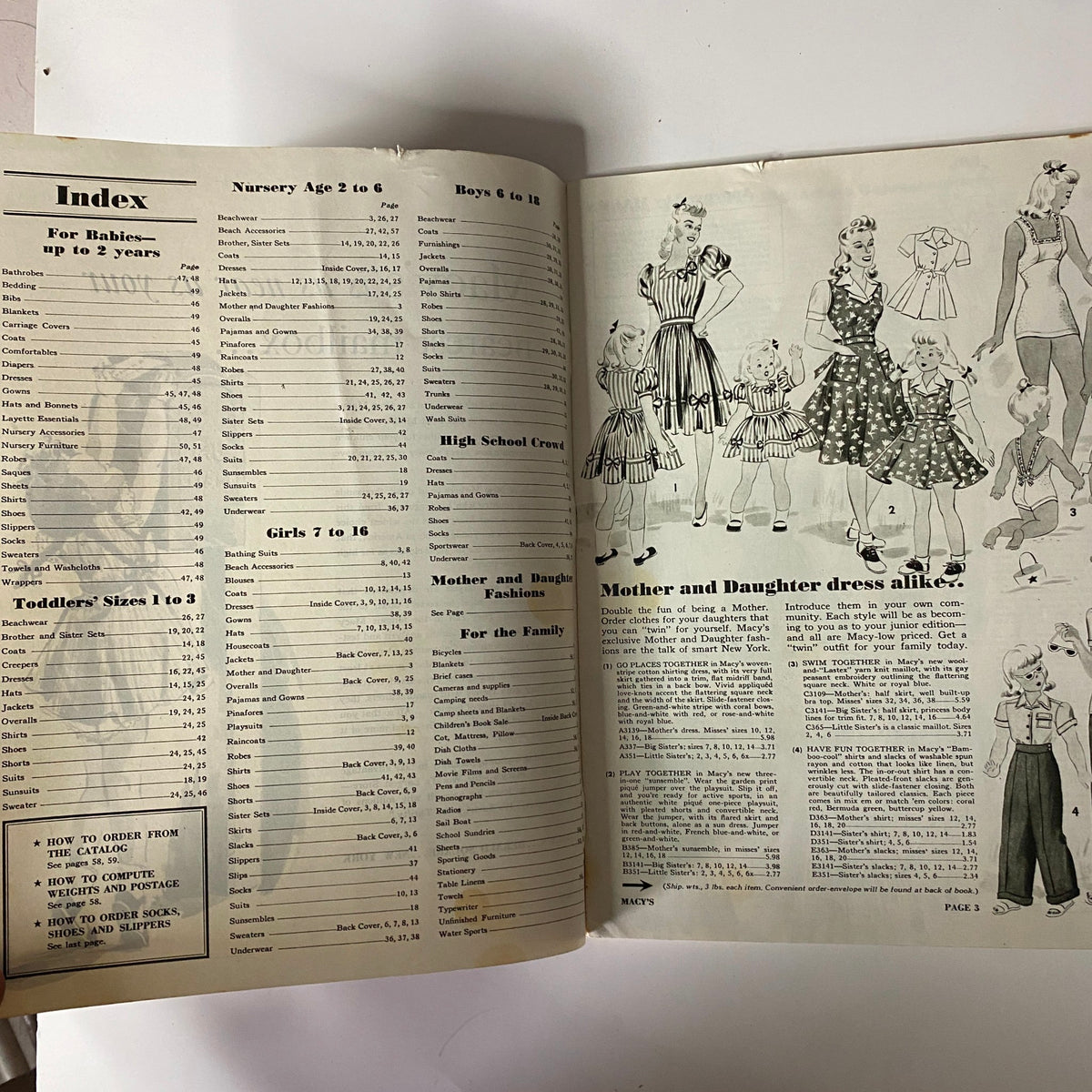 Index section of the 1941 Macy's Youth Centre Spring and Summer Catalog showcasing categories for children's clothing, including nursery, boys, girls, and family outfits. A guide for shoppers in the early 1940s.