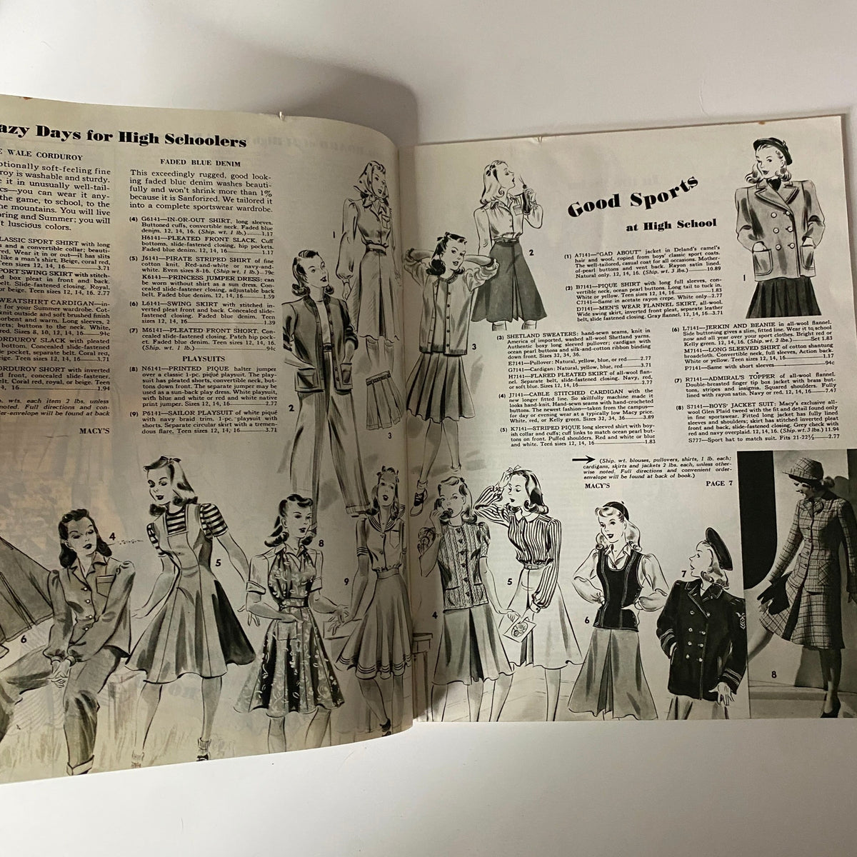 Fashion illustrations from the 1941 Macy's Youth Centre Spring and Summer Catalog depicting fashionable outfits for high schoolers, including coats and dresses, capturing trends from the early 1940s.