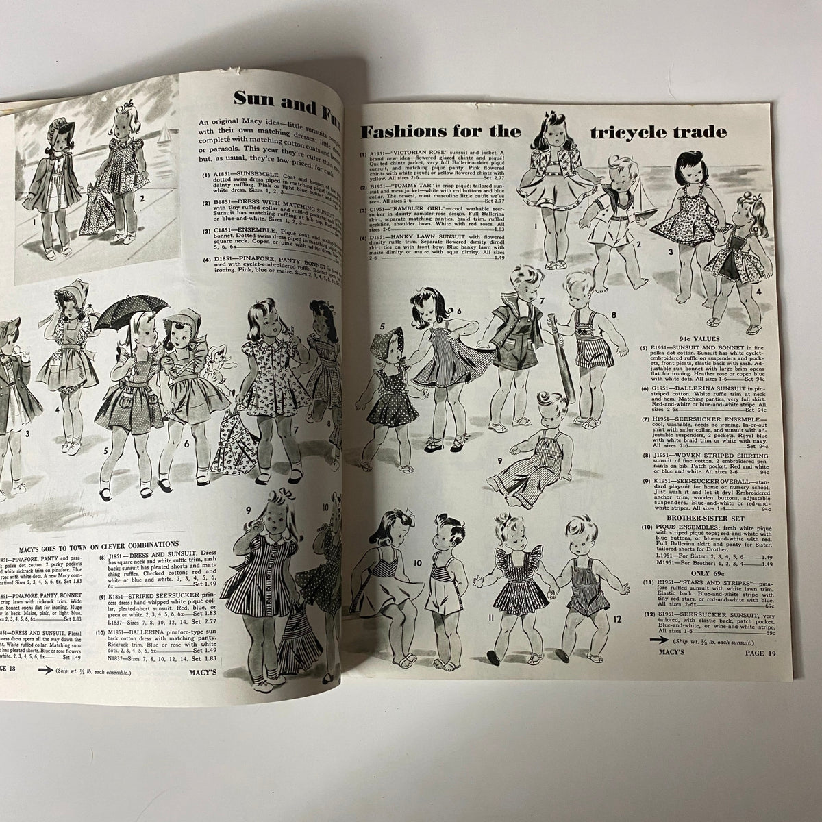 Illustrated page from the 1941 Macy's Youth Centre Spring and Summer Catalog highlighting playful summer outfits for children, including details on matching styles for girls, reflecting 1940s fashion.