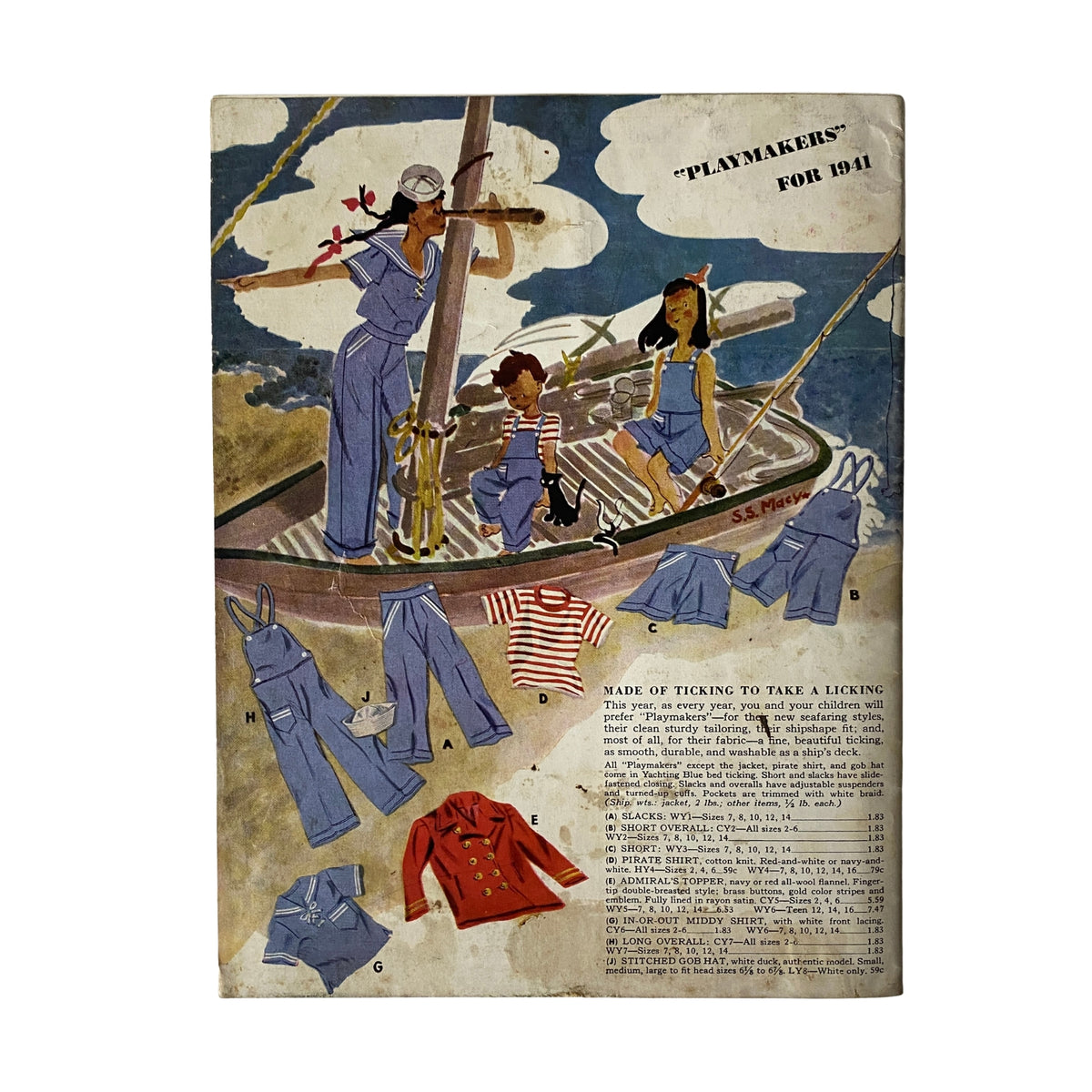 1941 Macy's Youth Centre Spring and Summer Catalog cover showcasing 'Playmakers' for 1941, featuring children’s clothing options, set against a nautical backdrop.