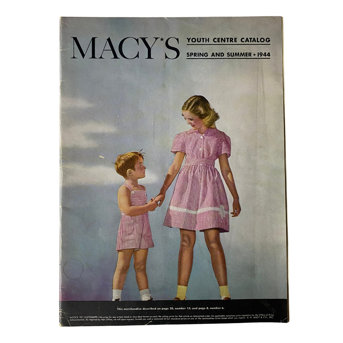 Cover of the 1944 Macy's Youth Centre Spring and Summer Catalog featuring a girl in a striped dress holding hands with a young boy in a matching outfit.
