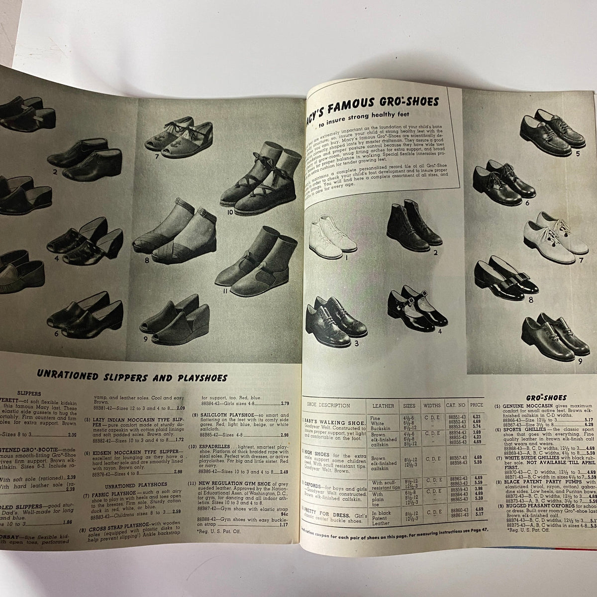 1944 Macy's Youth Centre Spring and Summer Catalog page highlighting a selection of children's shoes, including slippers and play shoes, with descriptions and sizing details.