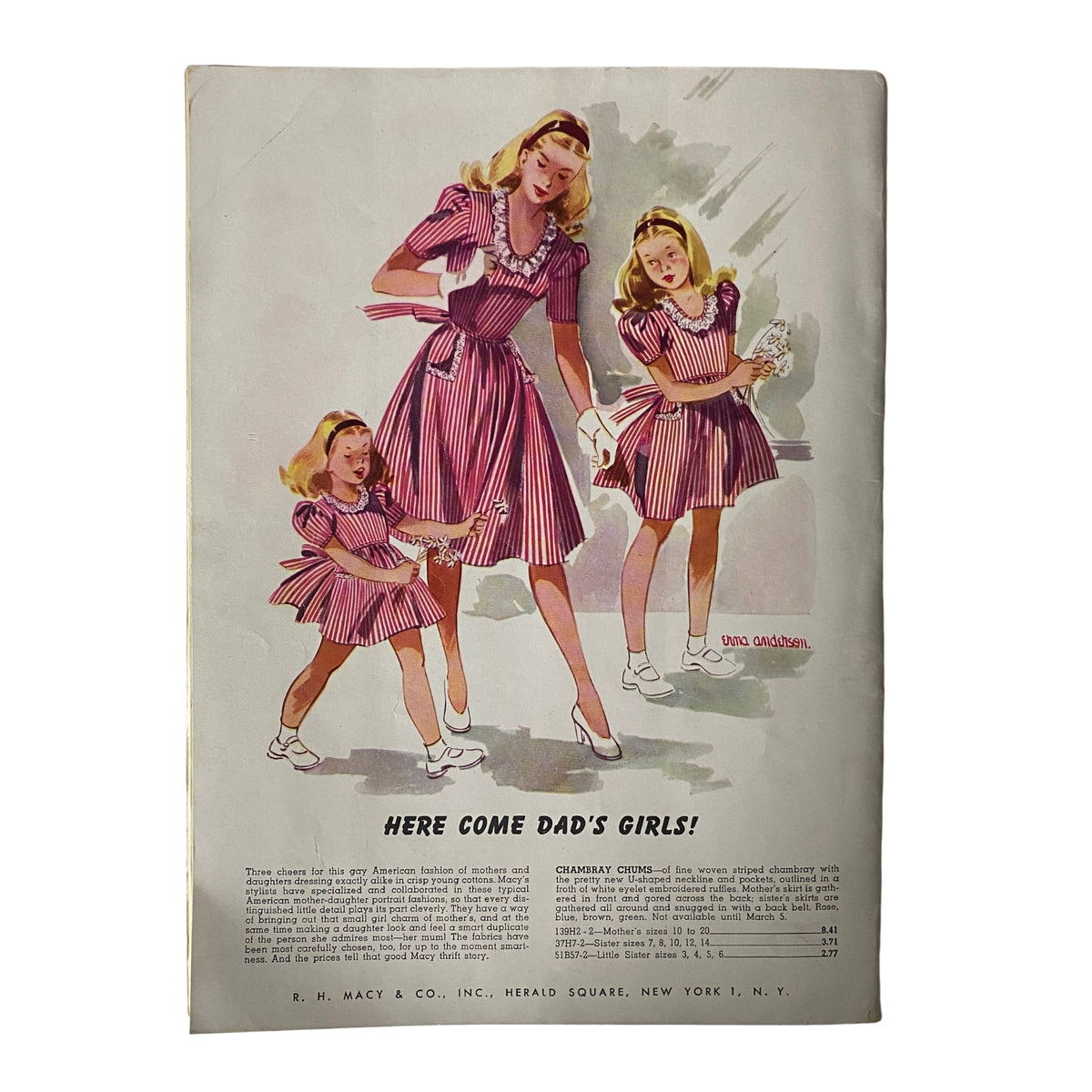 1944 Macy's Youth Centre Spring and Summer Catalog cover featuring a vibrant illustration of a mother and her daughters in matching striped dresses, promoting the concept of coordinated family dressing.