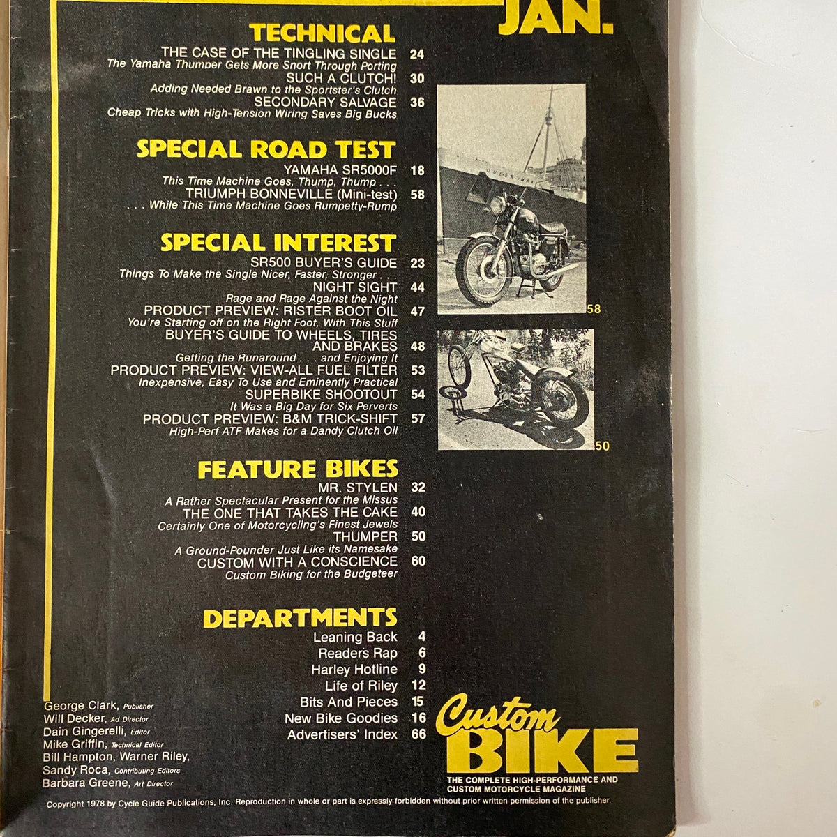 Back cover of Custom Bike Magazine January 1979 featuring the table of contents including articles like 'The Case of the Tingling Single' and various motorcycle features.