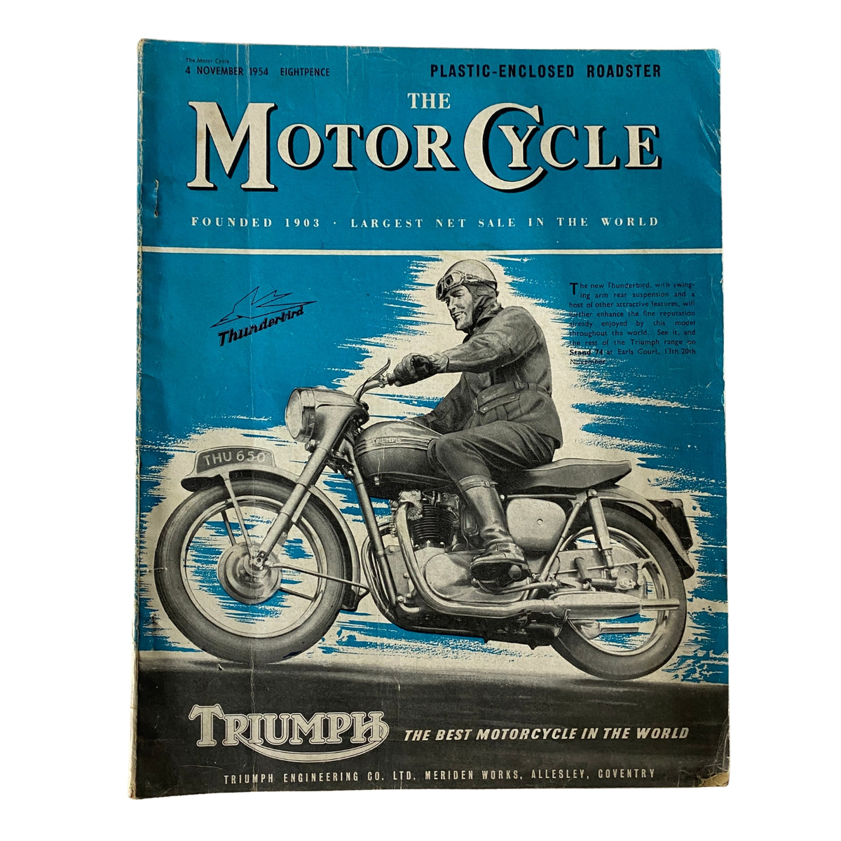 Cover of The Motor Cycle Magazine dated November 4, 1954, featuring The New Thunderbird, with a classic Triumph motorcycle illustration and a motorcyclist wearing a vintage helmet.