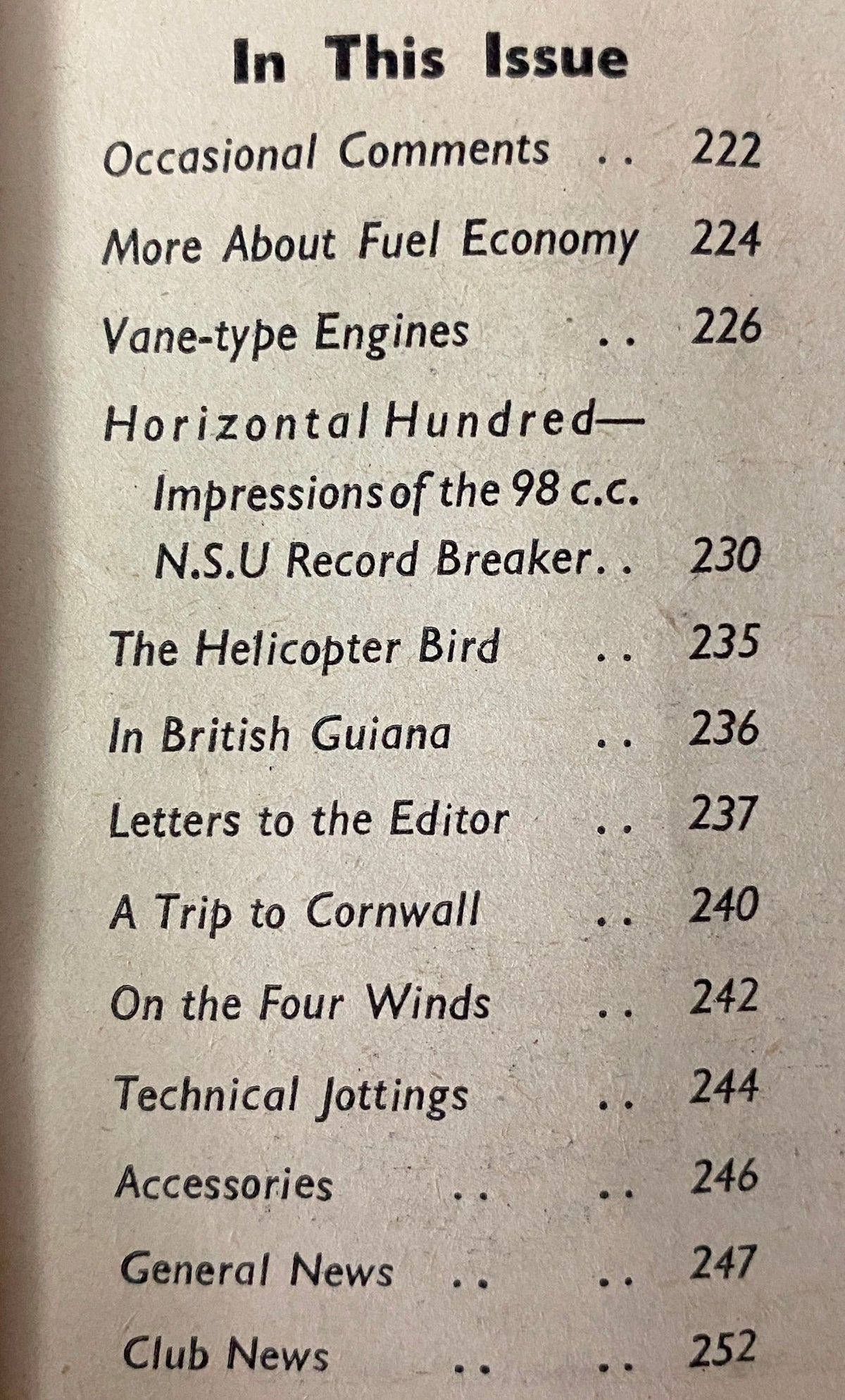 Table of contents for The Motor Cycle Magazine August 19, 1954, detailing topics like 'Occasional Comments', 'Vane-type Engines', and 'Horizontal Hundred Impressions of the 98 c.c. N.S.U. Record Breaker'.