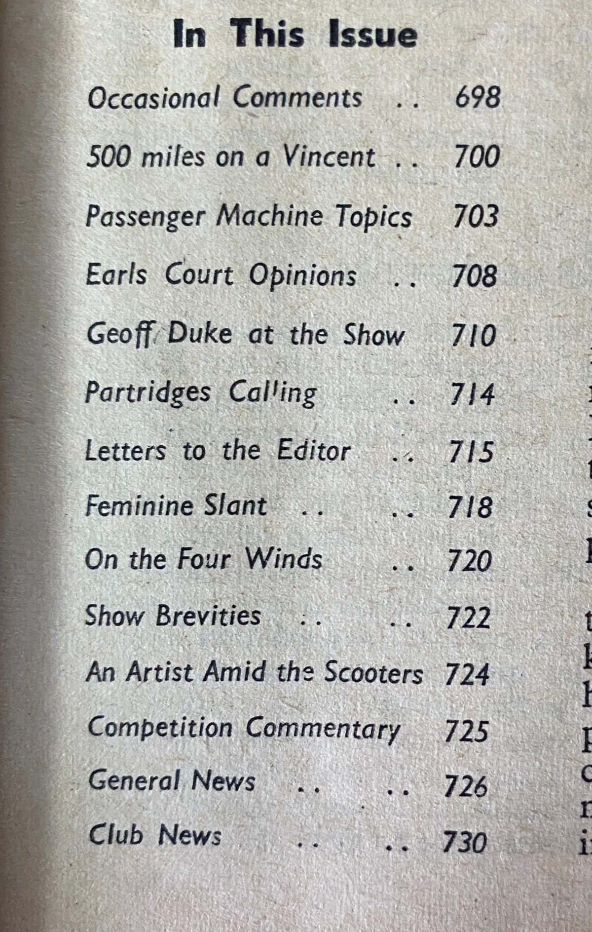 Table of contents from The Motor Cycle Magazine November 25, 1954 detailing various topics including '500 miles on a Vincent' and 'Feminine Slant'.