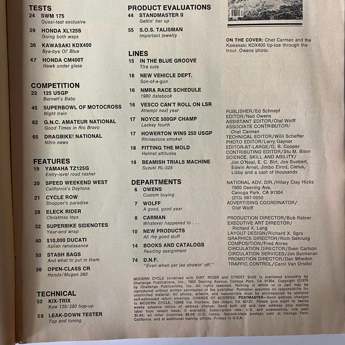 Contents page of Modern Cycle Magazine December 1979 Vol 15 No. 5, listing articles on various motorcycle tests and evaluations.